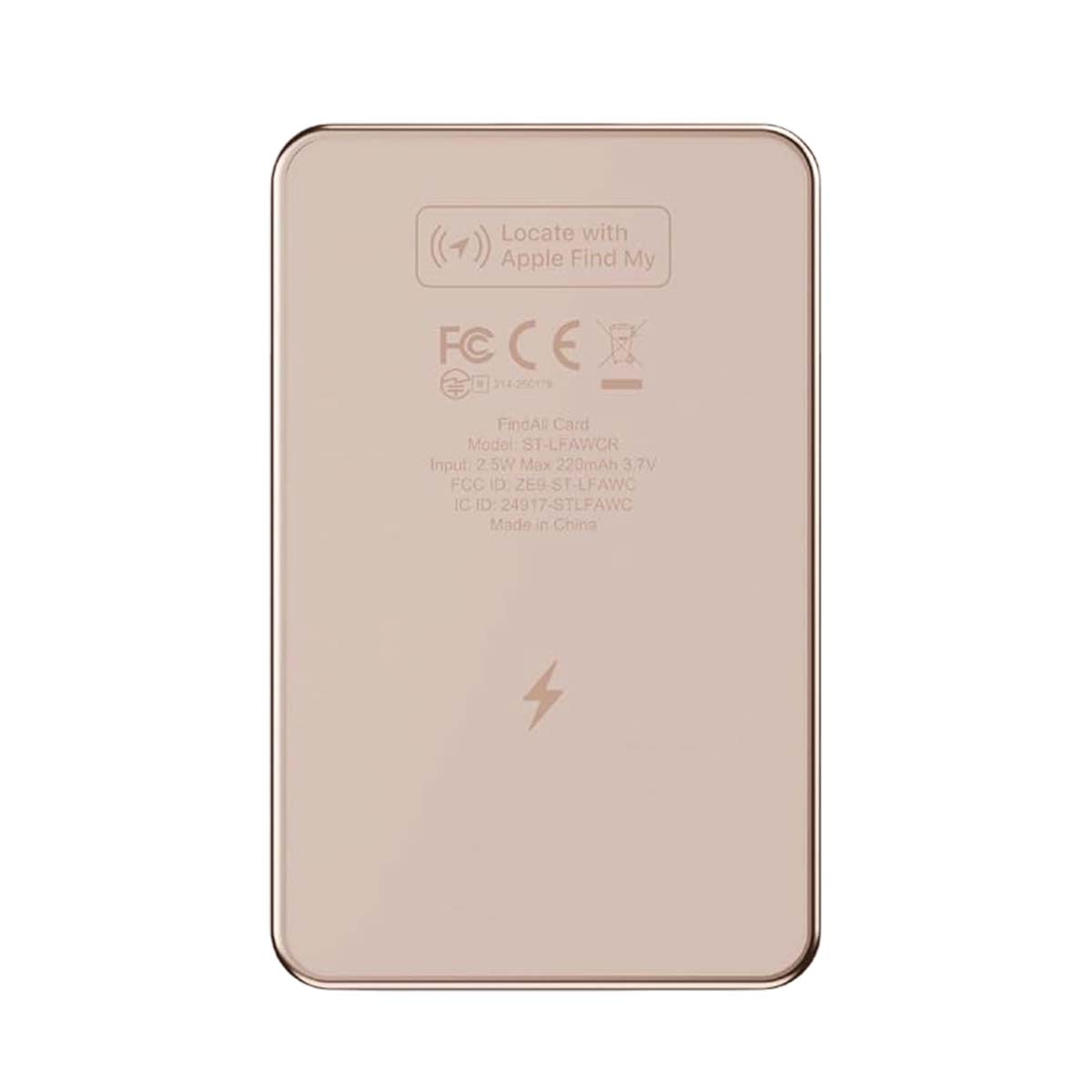 Różowo-złota karta Apple Find My z logo FCC/CE i szczegółami produktu.