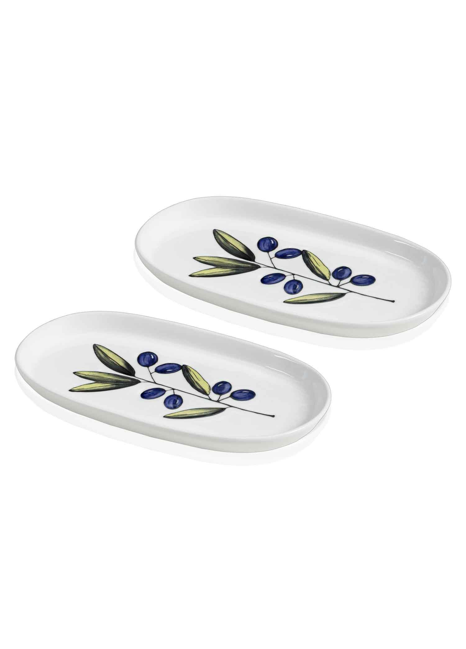 Zeytin dalı desenli iki beyaz, oval servis tabağı.