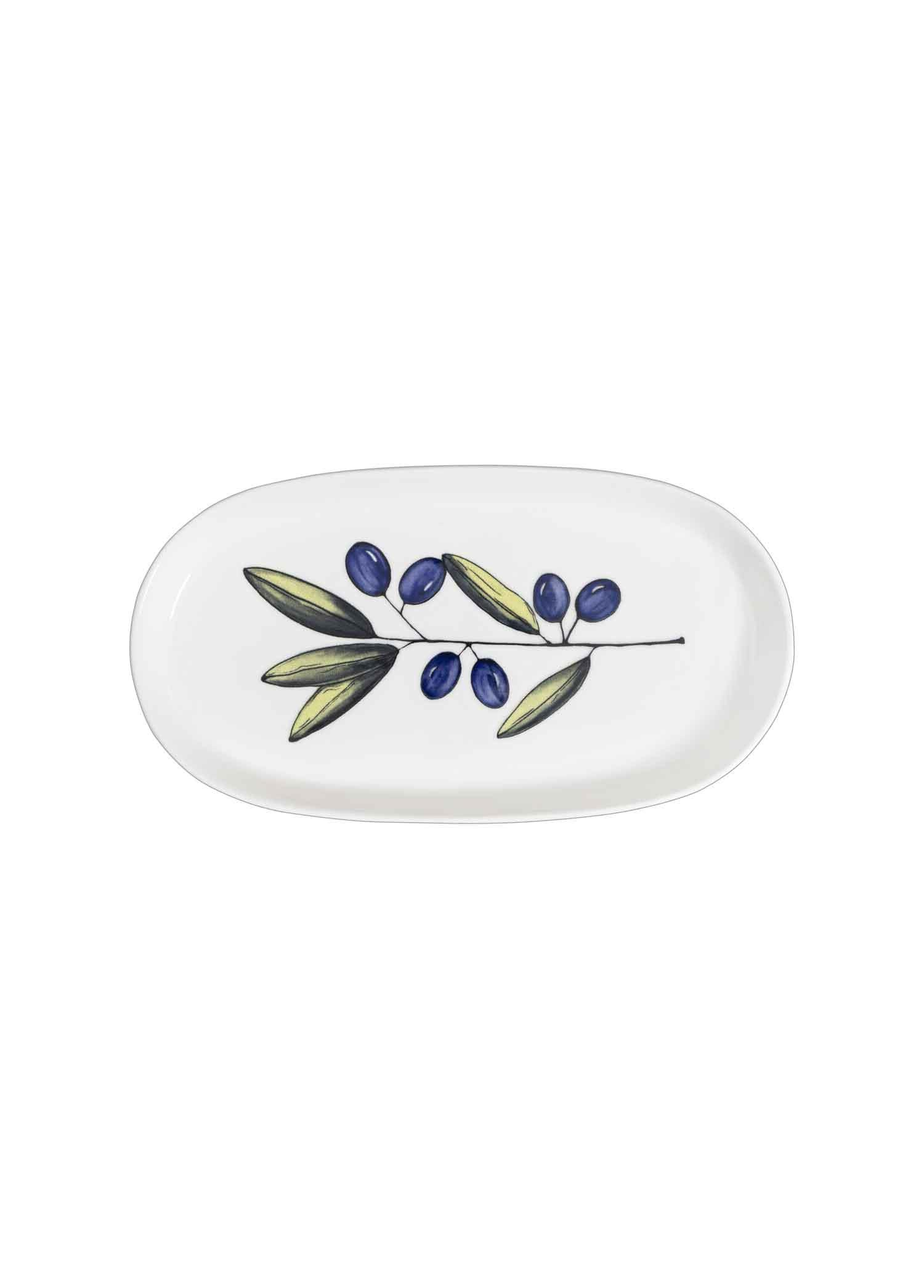 Mavi ve yeşil zeytin dalı desenli beyaz oval tabak.