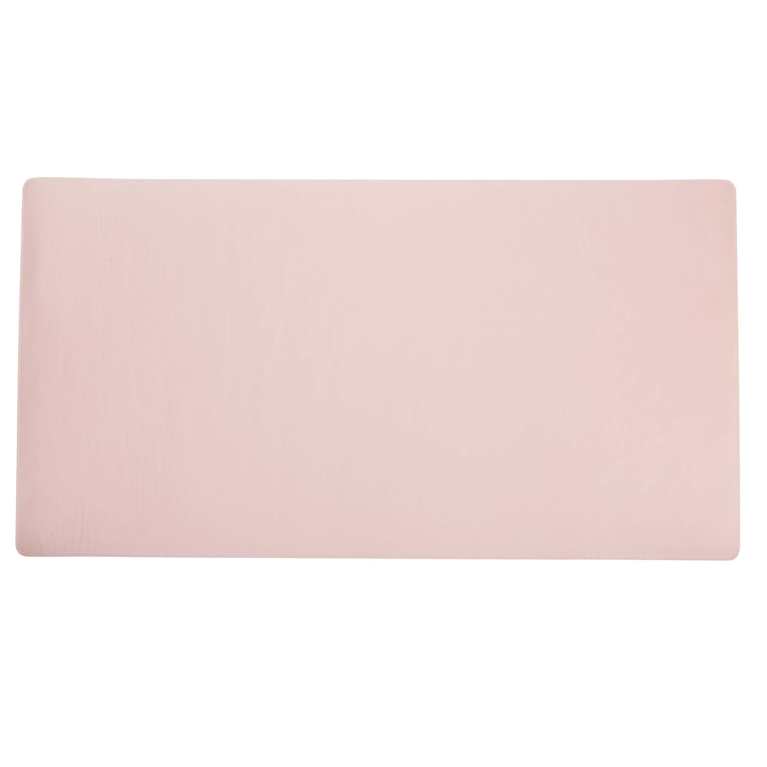 Açık pembe, dikdörtgen şeklinde deri masa altlığı.