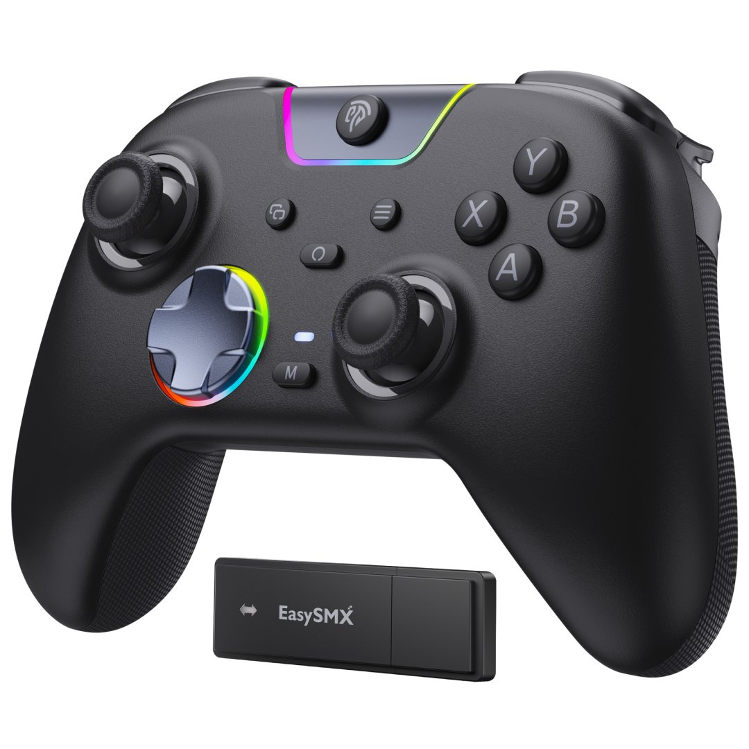 Czarny kontroler do gier z podświetleniem RGB i kluczem USB.