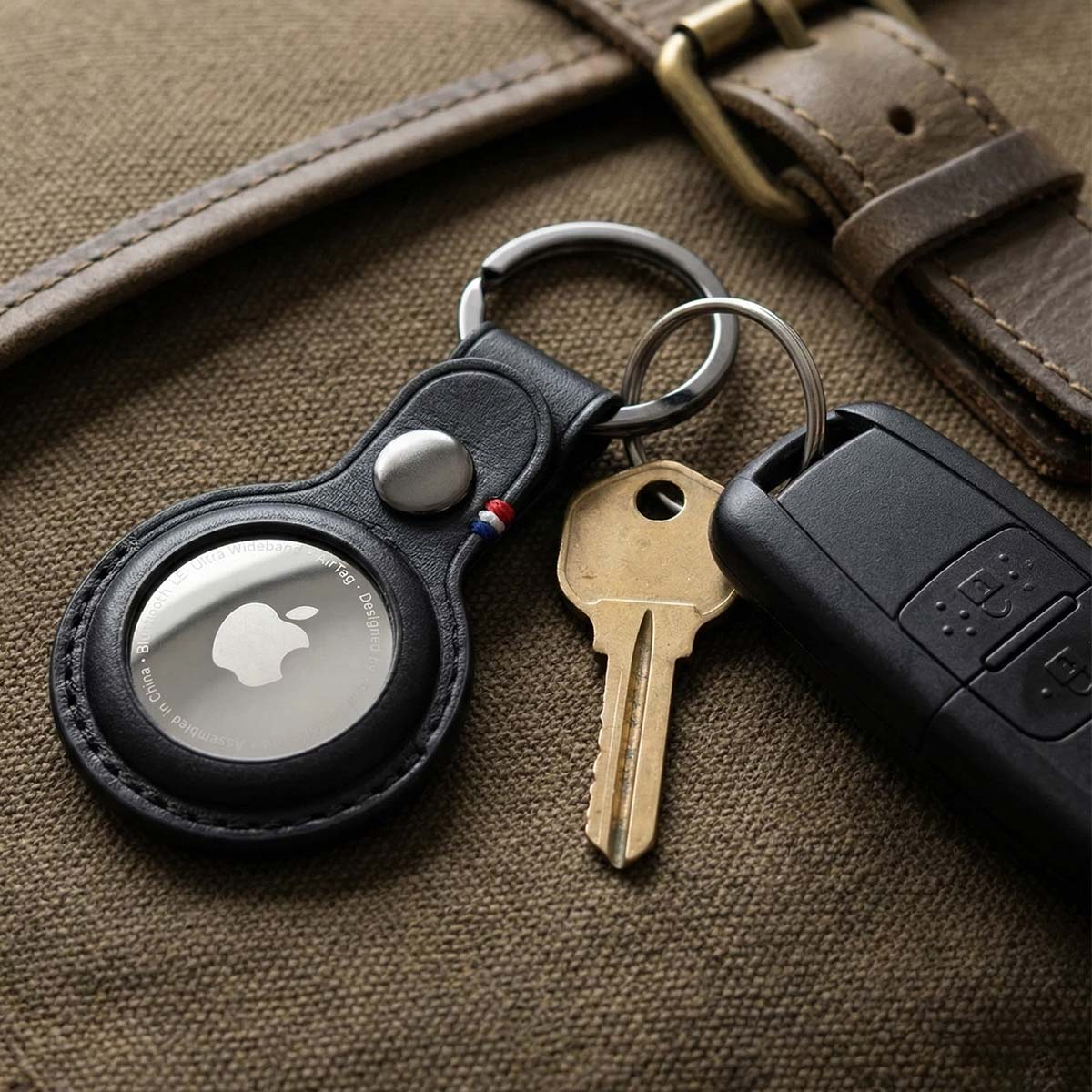 Eine schwarze Lederhülle für AirTag mit Schlüsseln und Autoschlüssel auf texturierter Oberfläche.