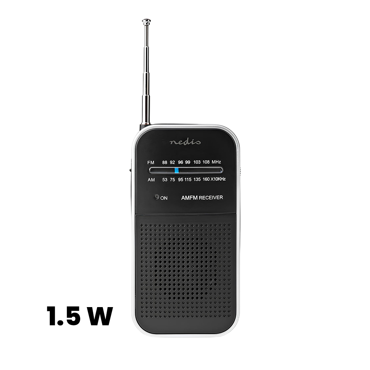 Un récepteur radio AM/FM Nedis noir avec antenne étendue et grille de haut-parleur.