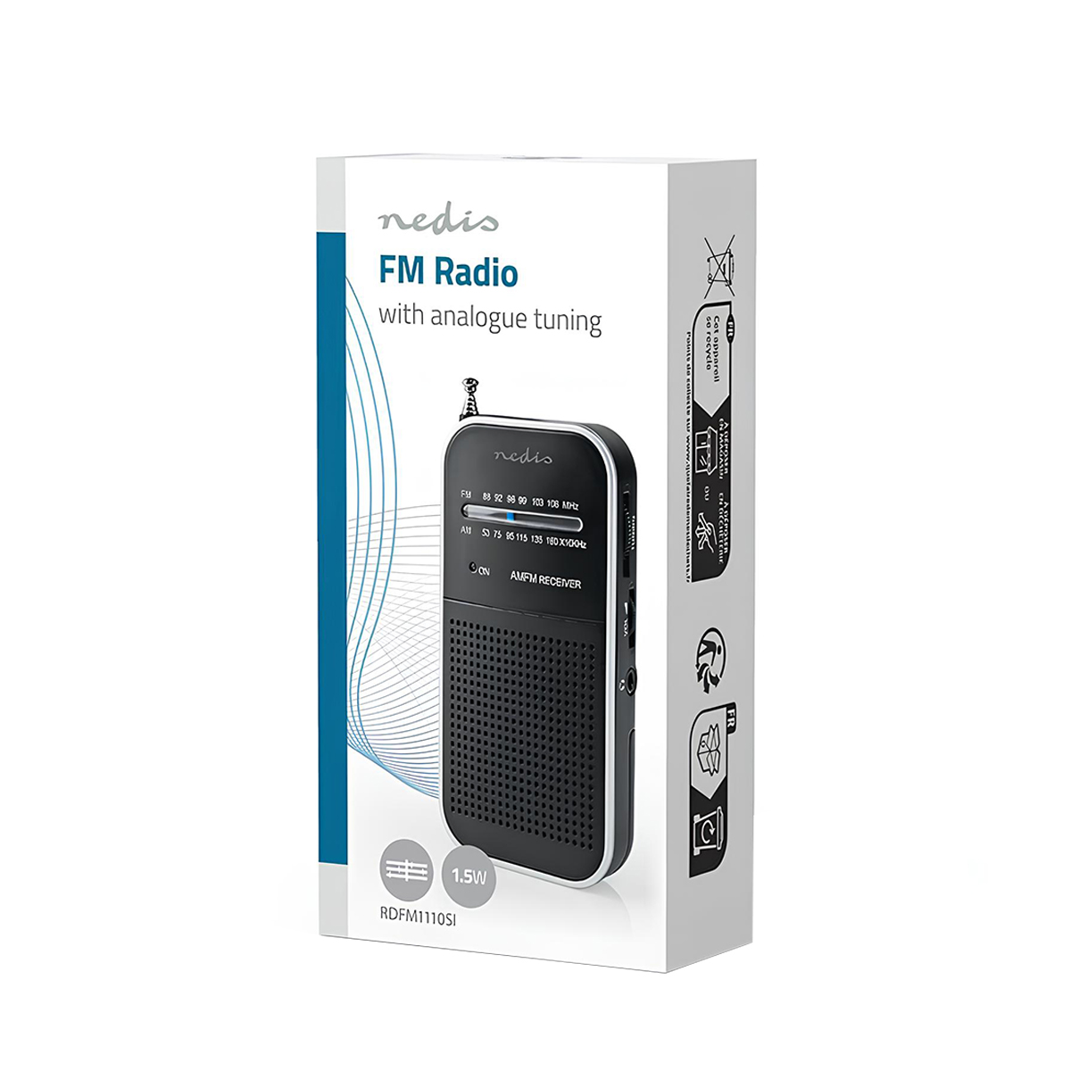 Radio FM Nedis avec syntonisation analogique, récepteur AM/FM noir, 1.5W. Modèle RDFM1110SI.