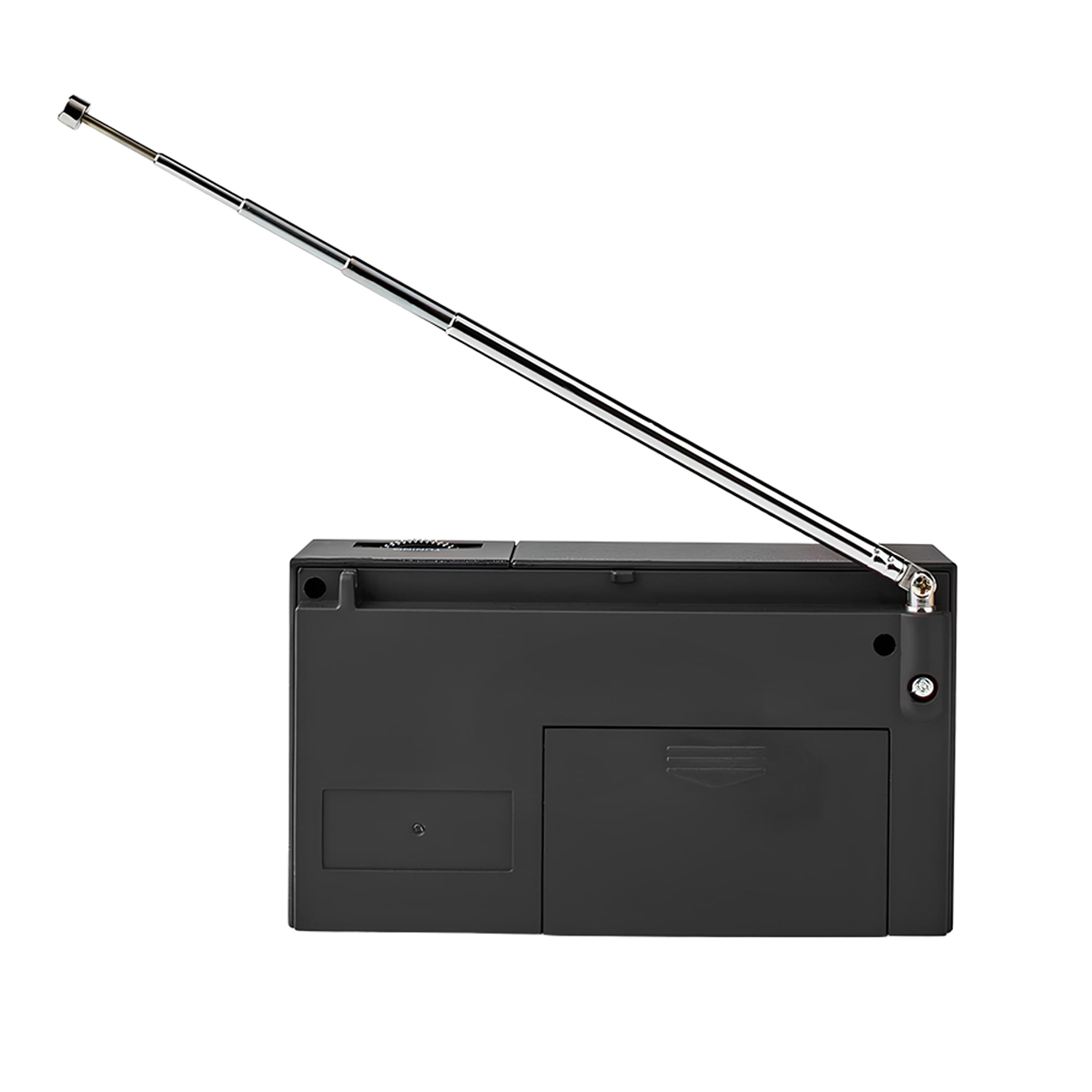 Une radio noire avec antenne télescopique déployée, sur fond blanc.