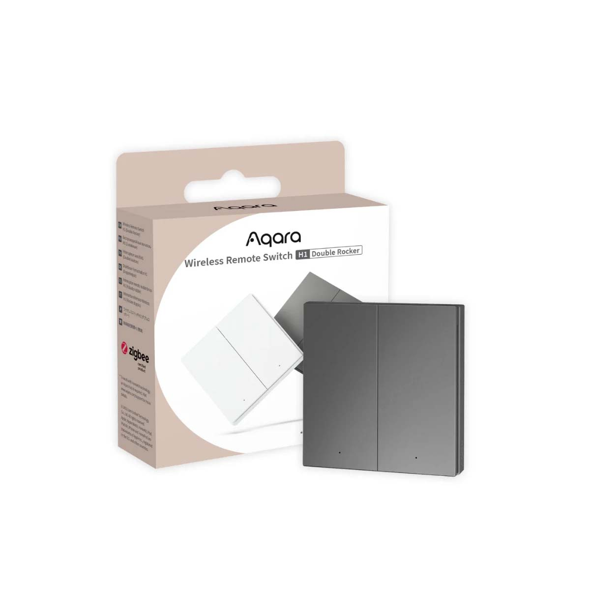 Aqara H1 Interrupteur Sans Fil Double Bascule: interrupteurs blanc et gris sur emballage.