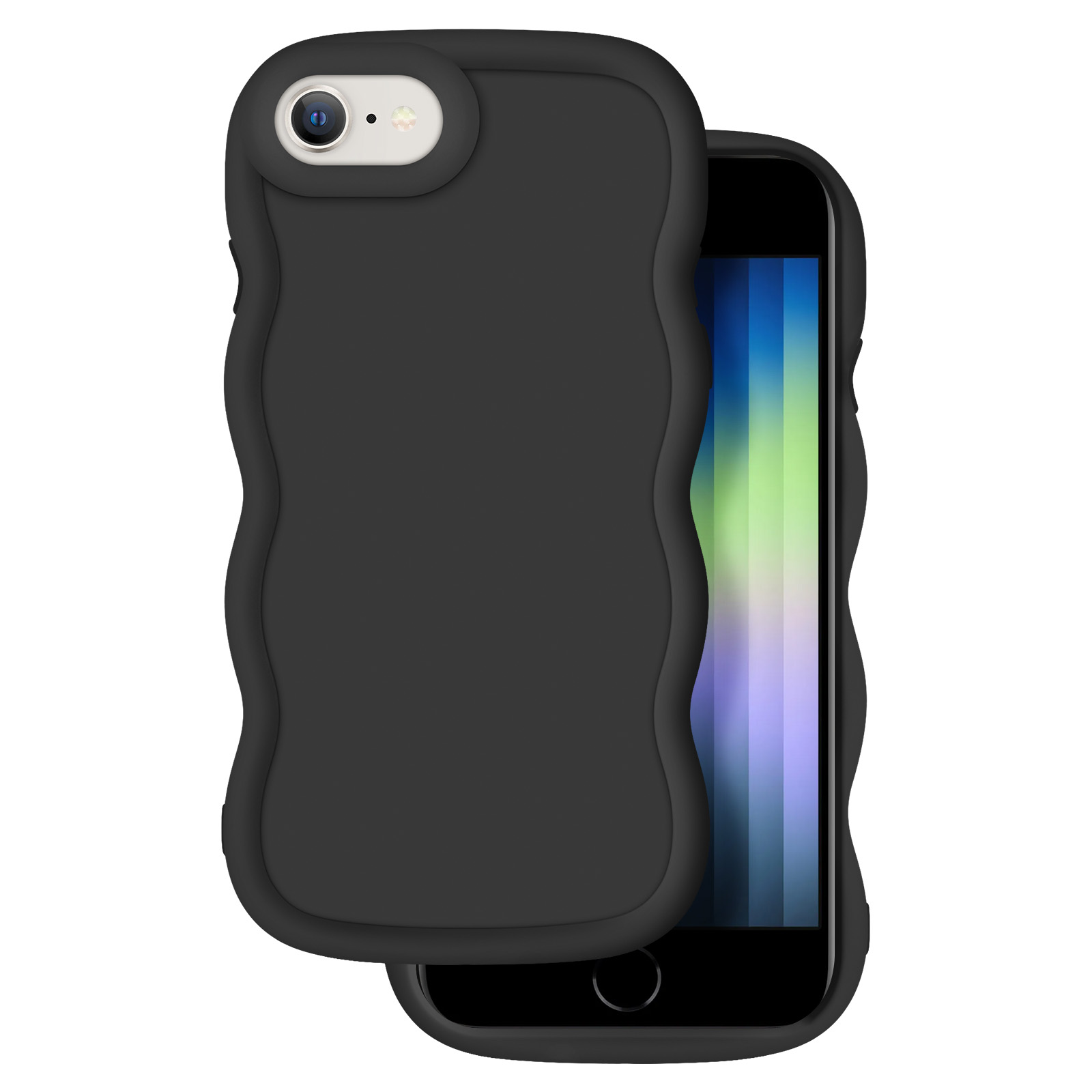 Coque de téléphone noire ondulée protégeant un smartphone avec des rayures verticales colorées.