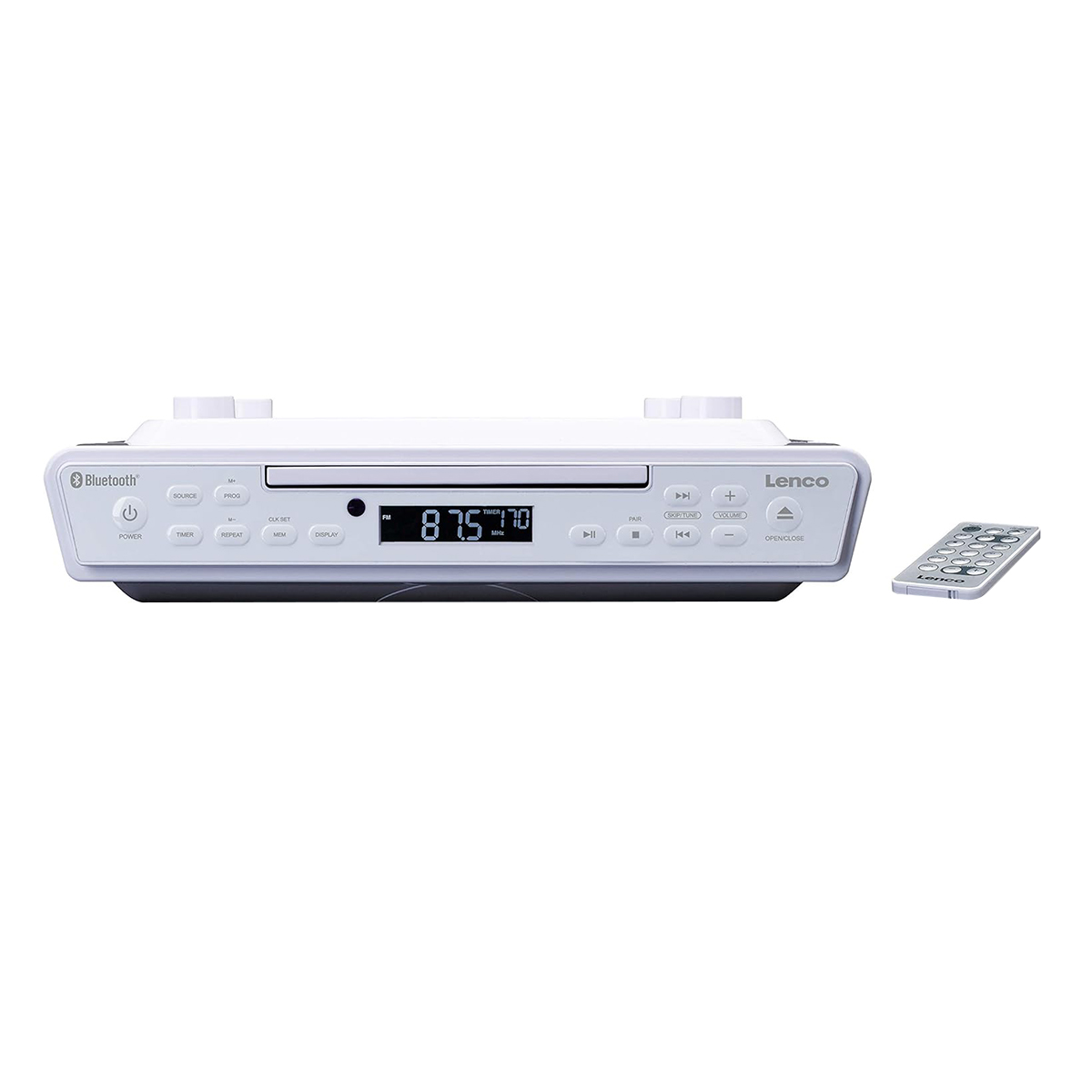Ein weißer Lenco CD-Player mit Fernbedienung und FM-Radioanzeige.