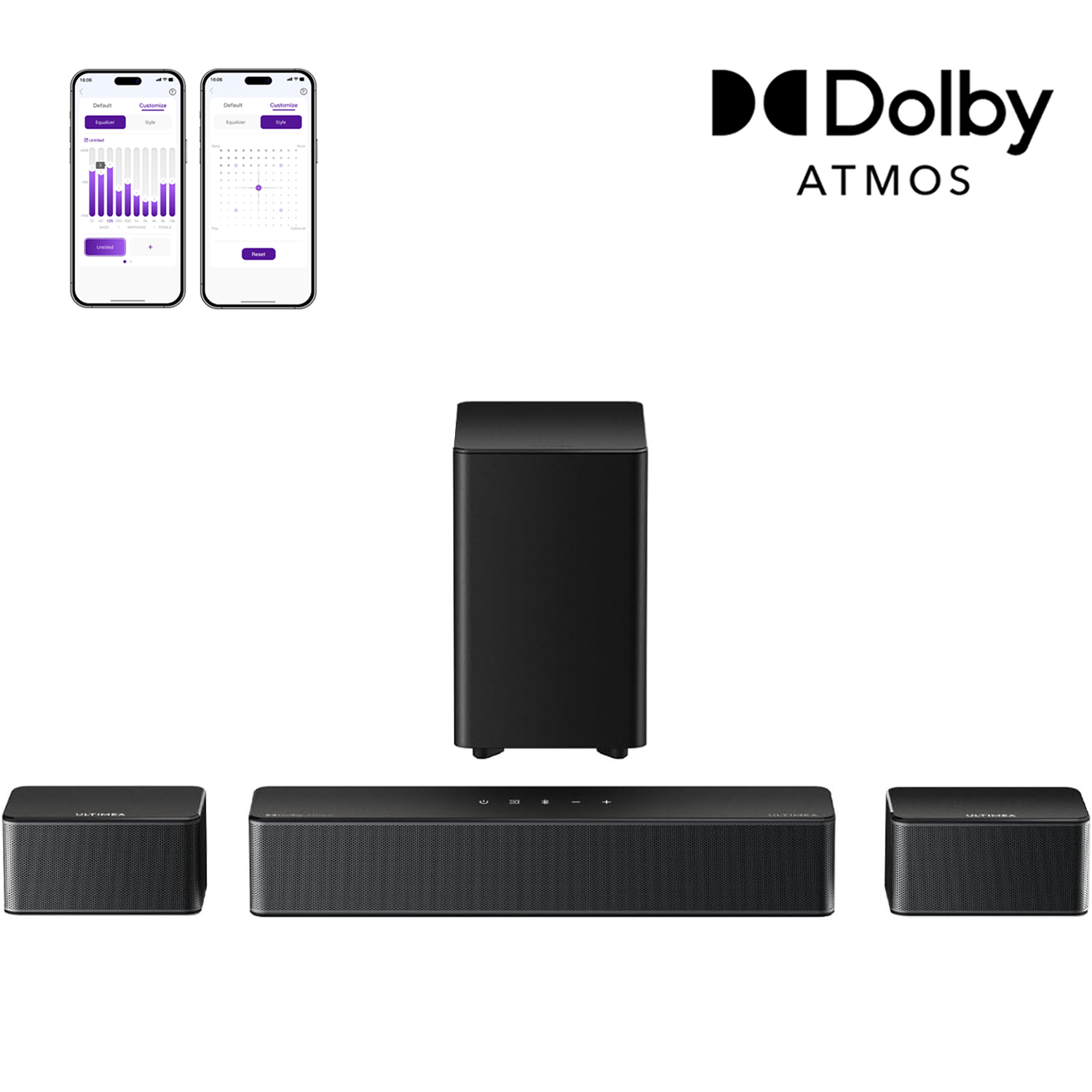Czarny system dźwiękowy Dolby Atmos z subwooferem i dwoma głośnikami satelitarnymi.