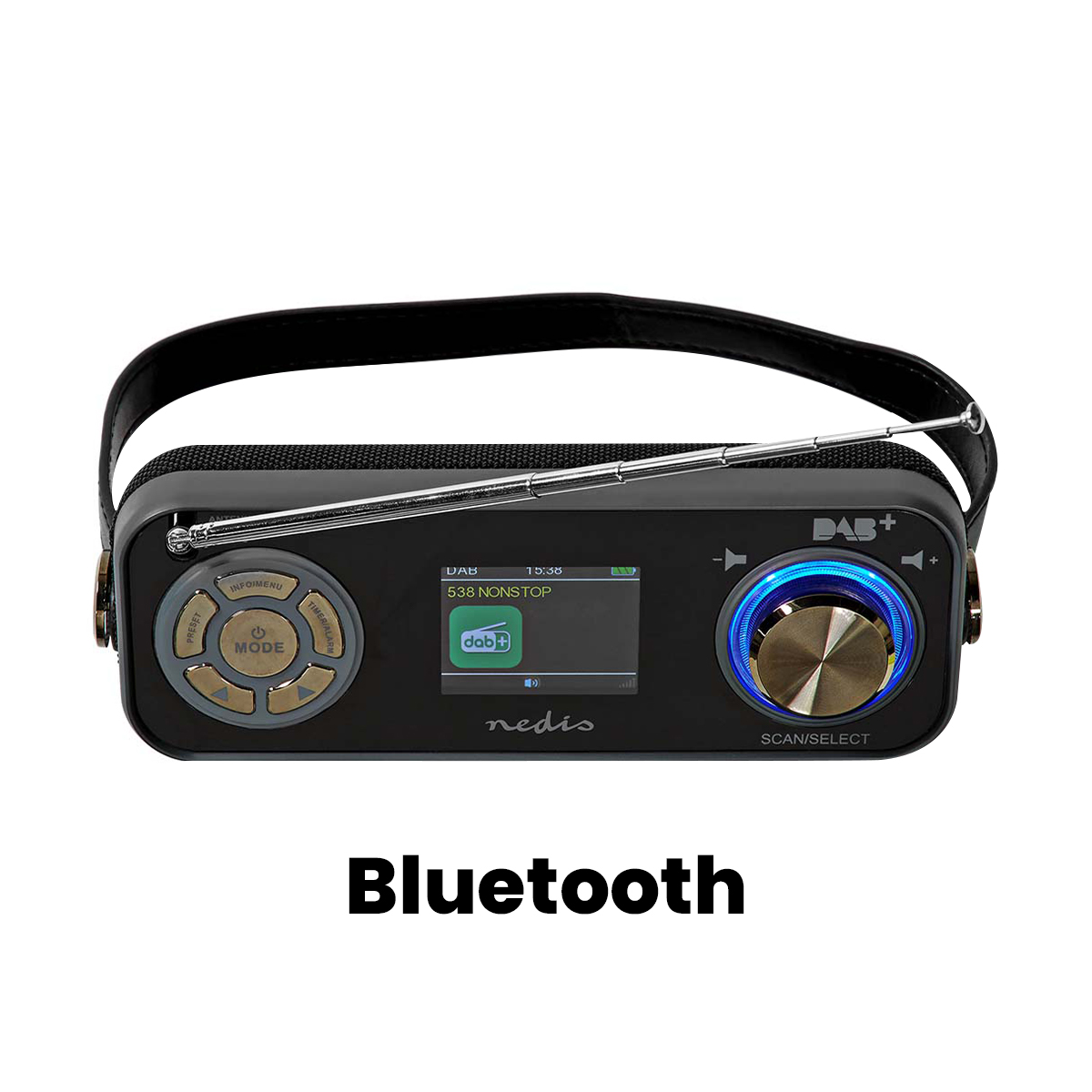 Een zwarte DAB+-radio met uitschuifbare antenne en het woord Bluetooth.