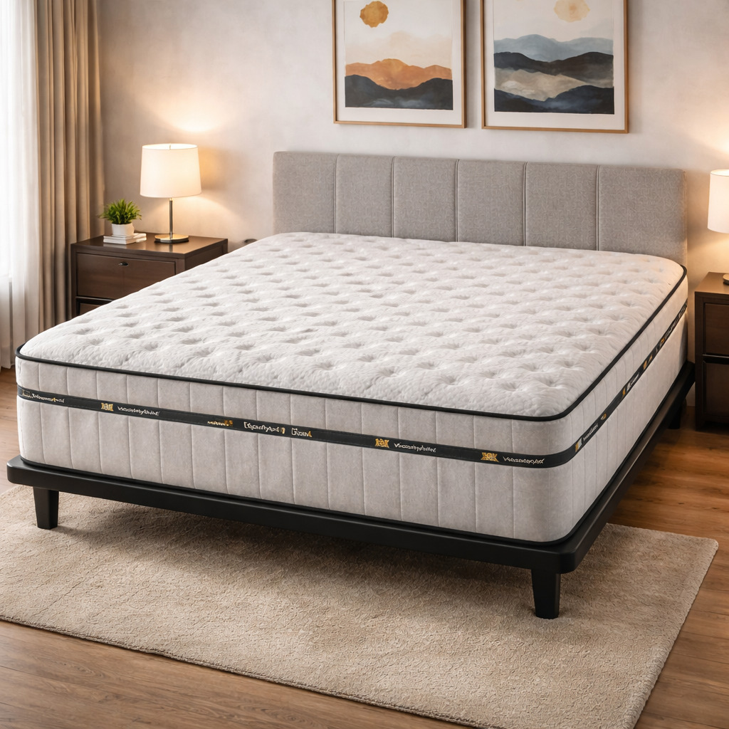 Una cama beige con un cubrecolchón blanco y un cabecero gris.