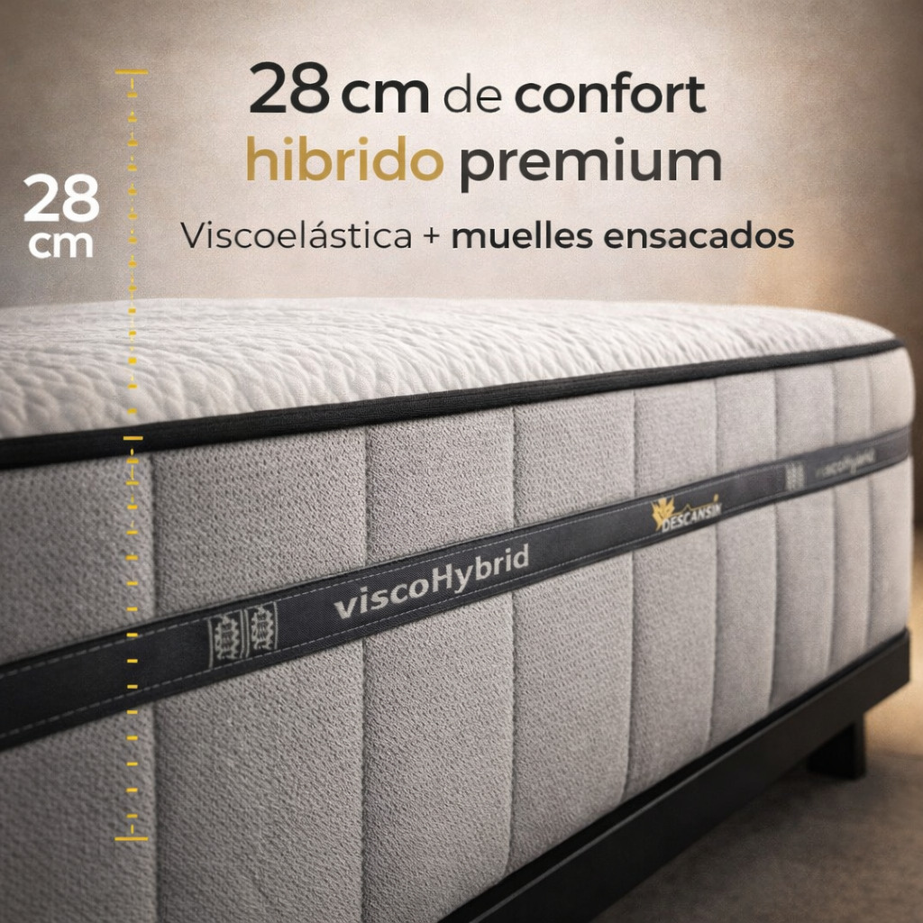 Un prototipo de colchón híbrido premium de 28 cm con capas viscoelásticas y de muelles ensacados.