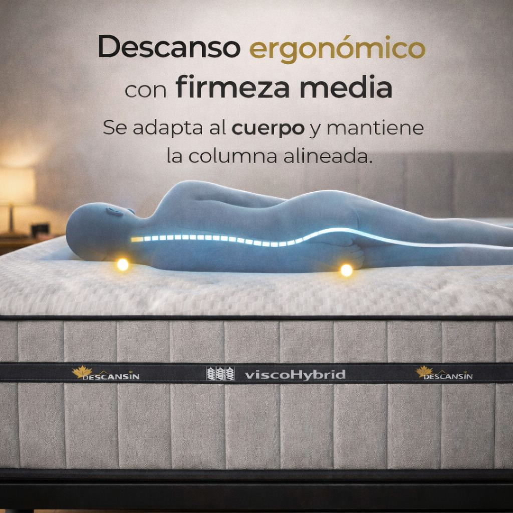 La imagen muestra un colchón con una figura humana azul acostada sobre él.