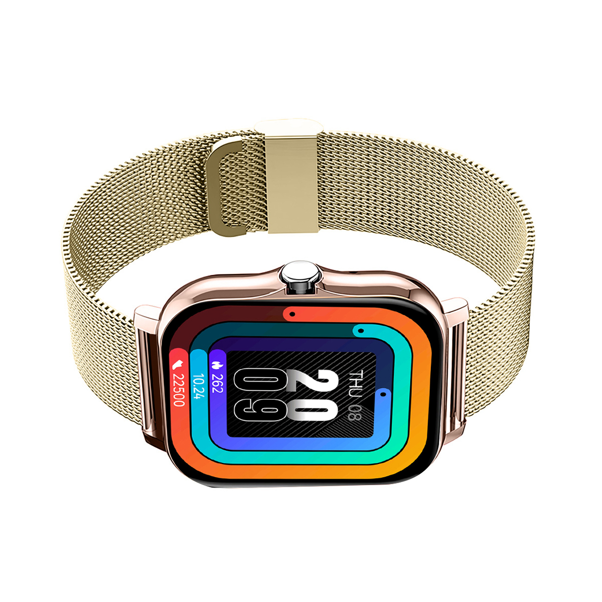 Eine goldene Smartwatch mit einem Mesh-Armband und einem bunten Zifferblatt.