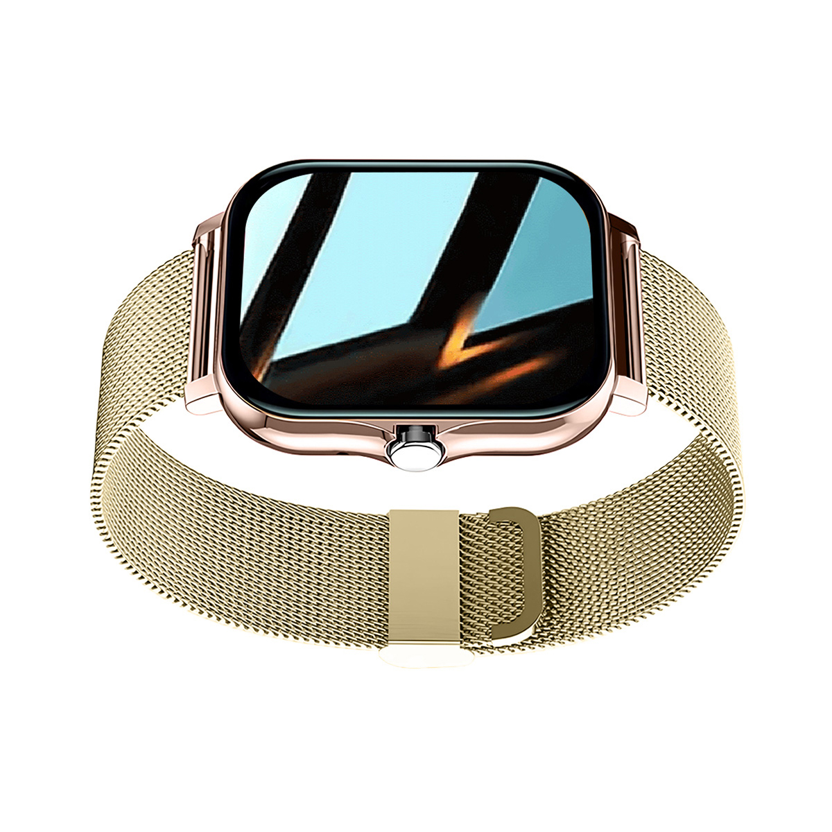 Eine goldene Smartwatch mit rechteckigem Zifferblatt und Netzarmband.