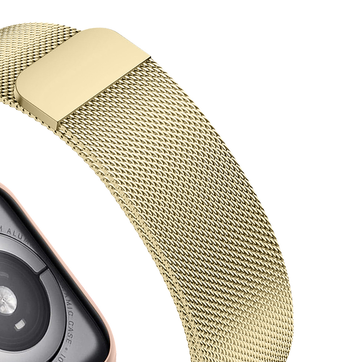 Goldenes Milanese-Armband mit einem Teil einer Smartwatch-Rückseite.