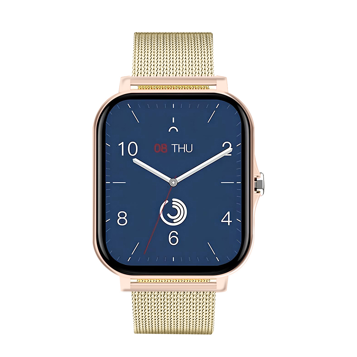 Eine goldene Smartwatch mit einem rosa Gehäuse und einem blauen Zifferblatt.