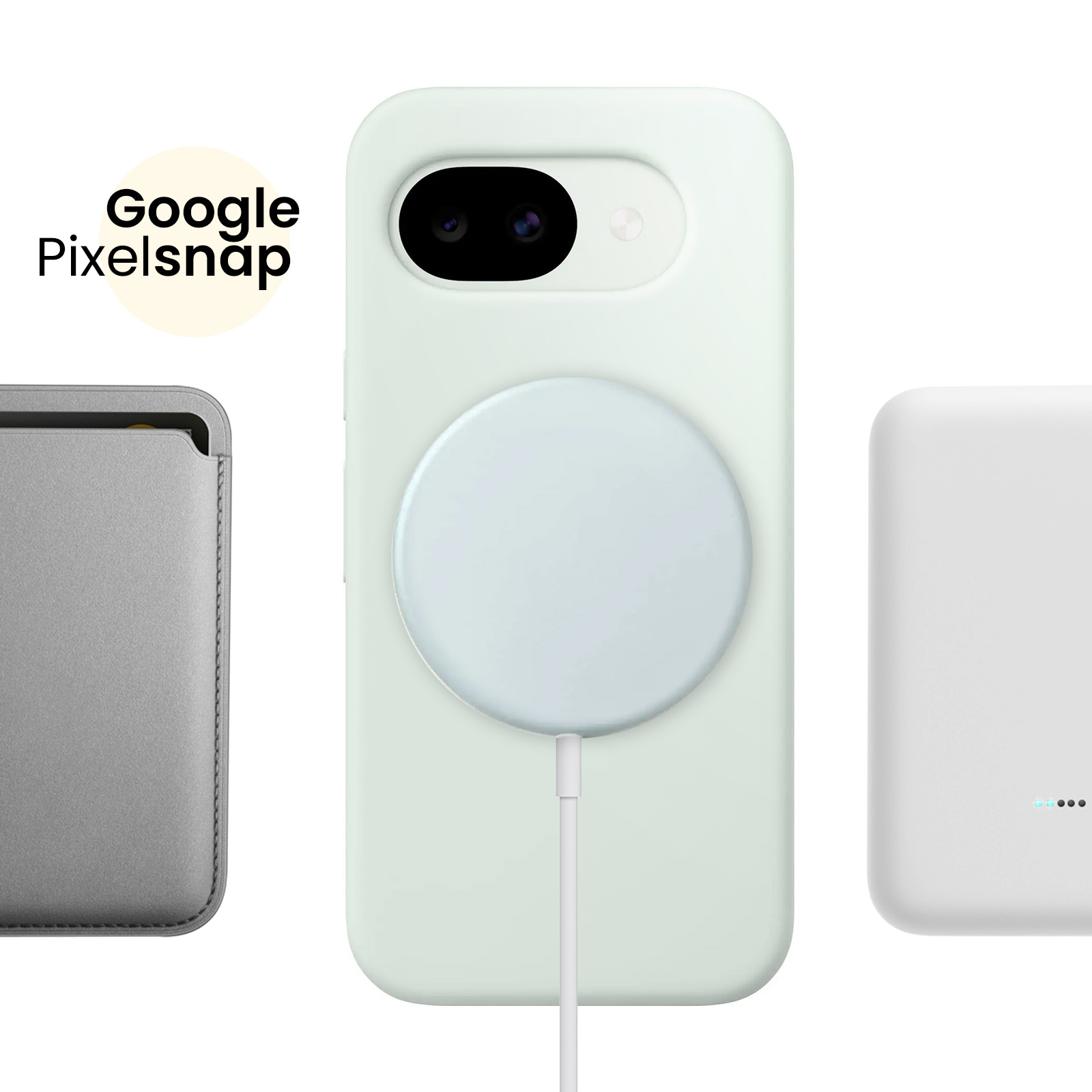 Logo Google Pixelsnap accanto a cover telefono con cavo e power bank.