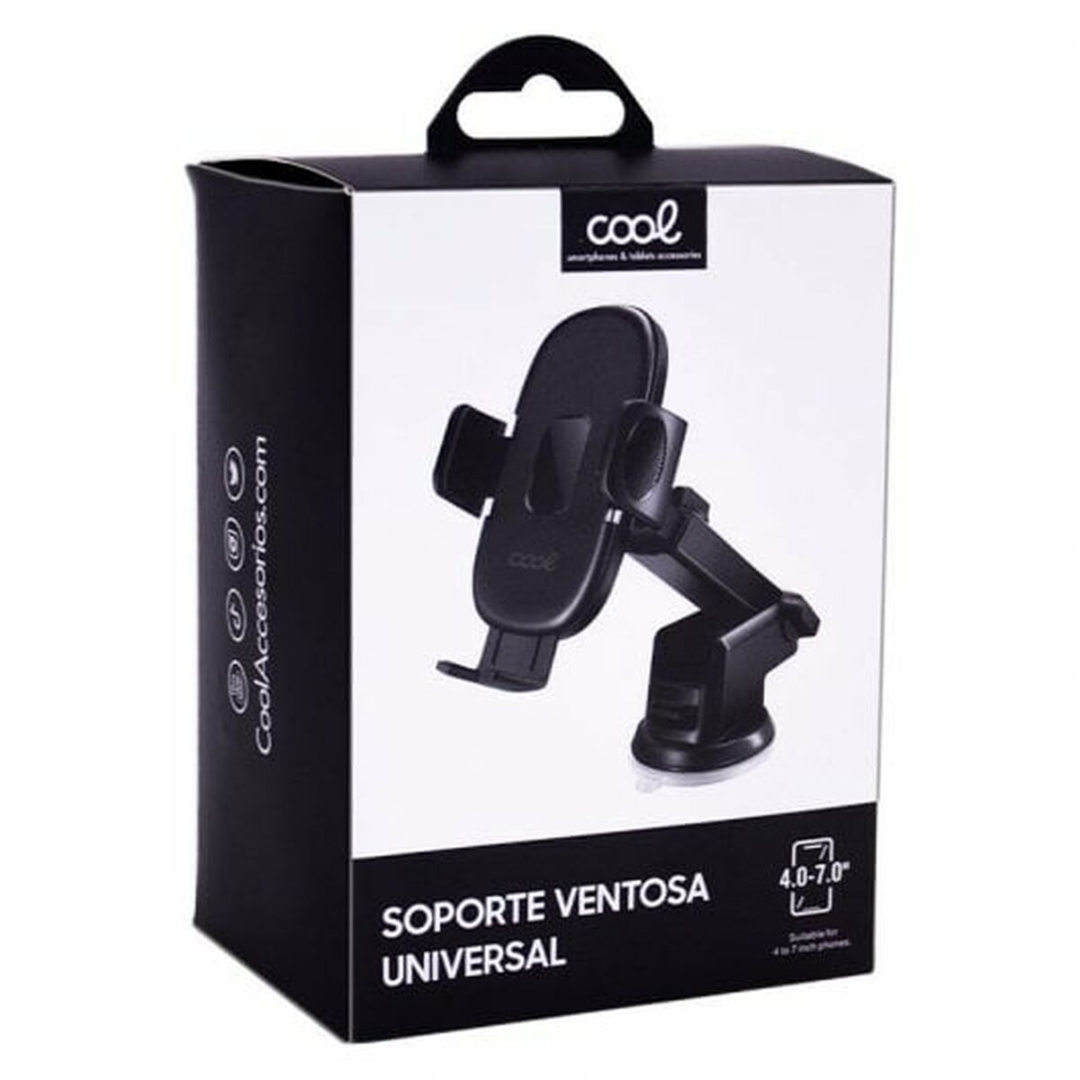 Verpackung einer schwarzen Handyhalterung mit Saugnapf und dem Logo "cool".