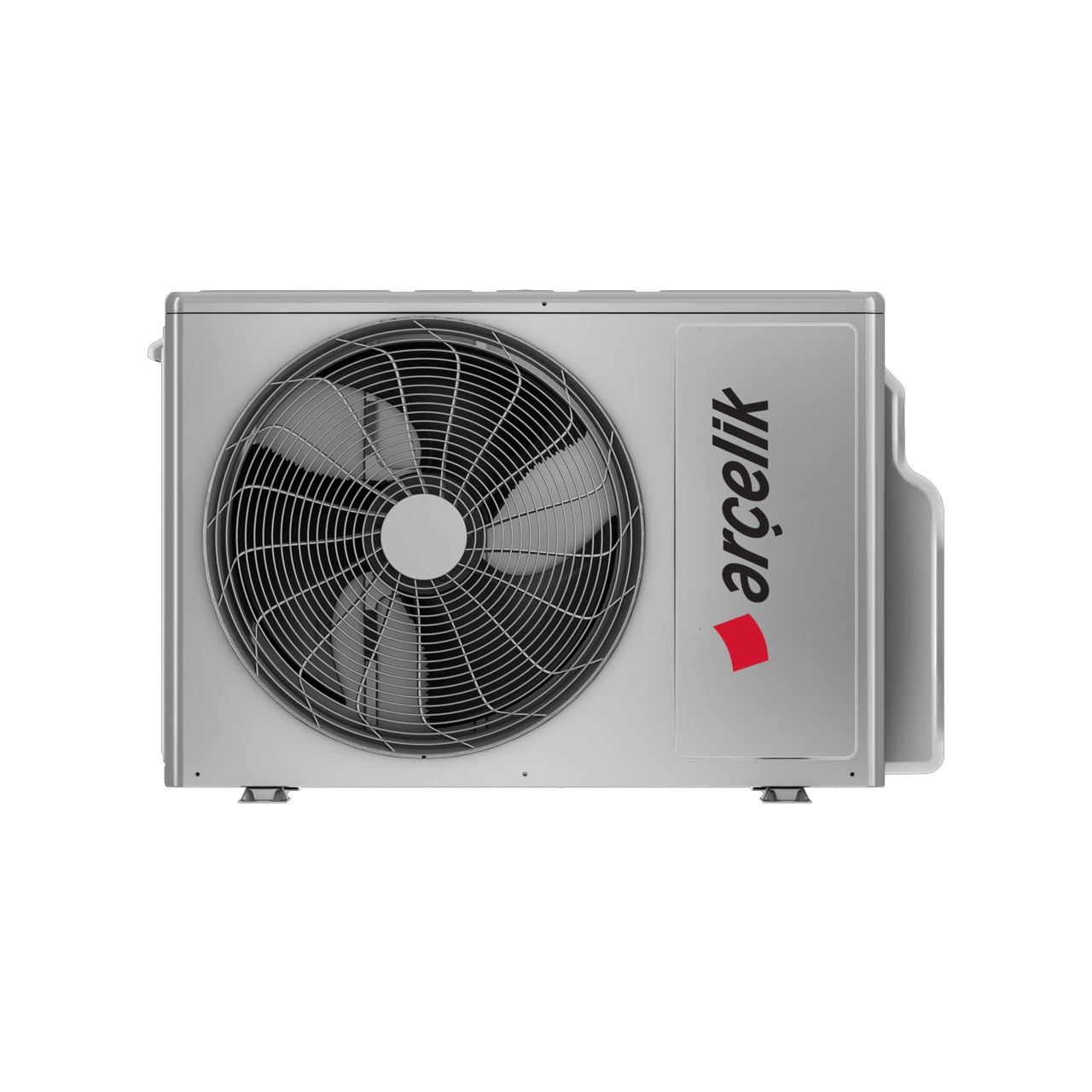 Büyük fan ızgaralı gümüş renkli klima dış ünite.