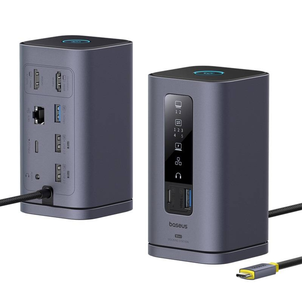 Hub docking Baseus 10-in-1 grigio con numerose porte laterali e frontali.