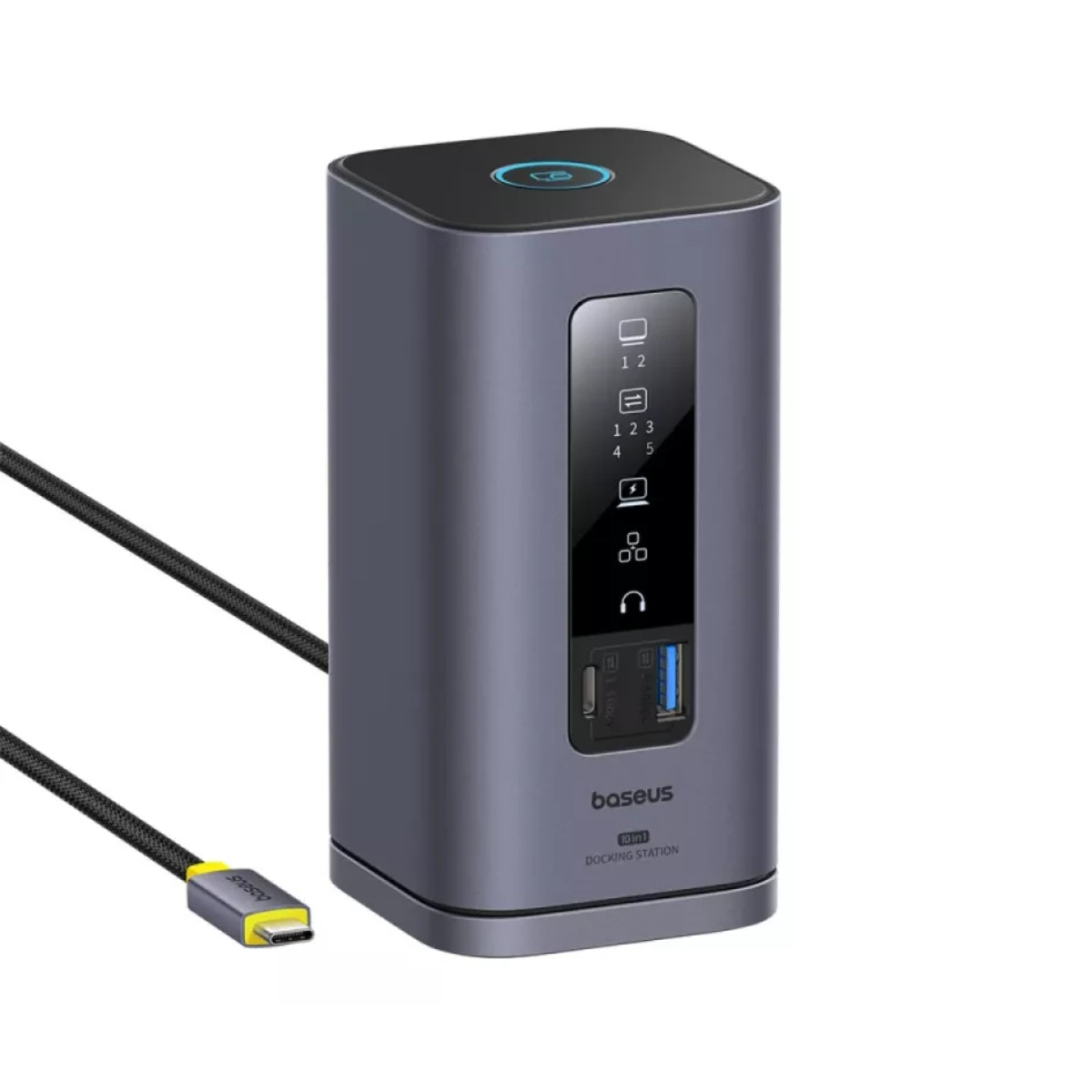 Una docking station Baseus 10-in-1 grigio scuro con cavo USB-C. Icone mostrano porte.
