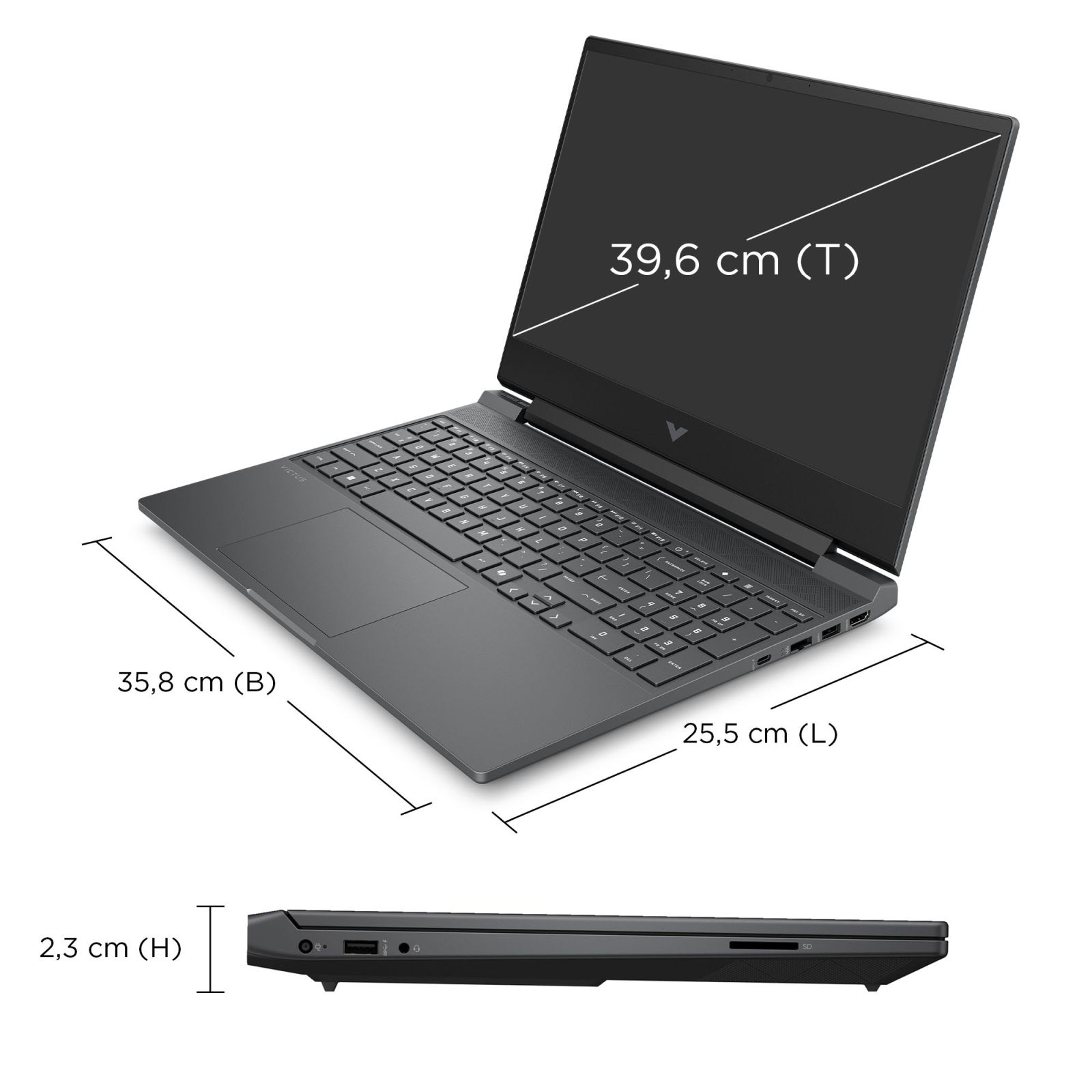 Ciemny laptop pokazujący klawiaturę, touchpad i wymiary ekranu.
