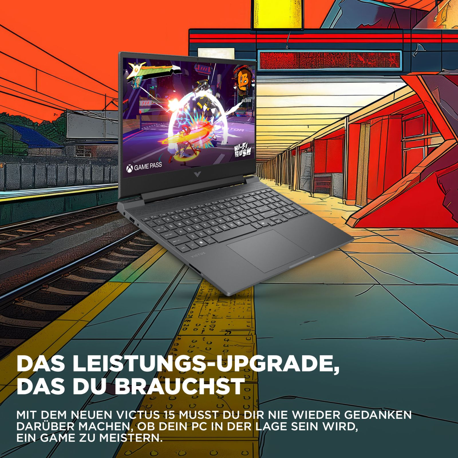 Laptop Victus wyświetla grę wideo na stylizowanym tle miejskim z torami kolejowymi.