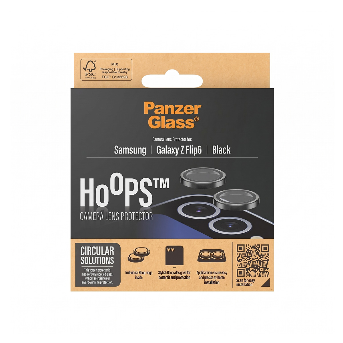 Protezioni per obiettivo fotocamera Panzer Glass Hoops per Samsung Galaxy Z Flip6, nero. Include applicatore.