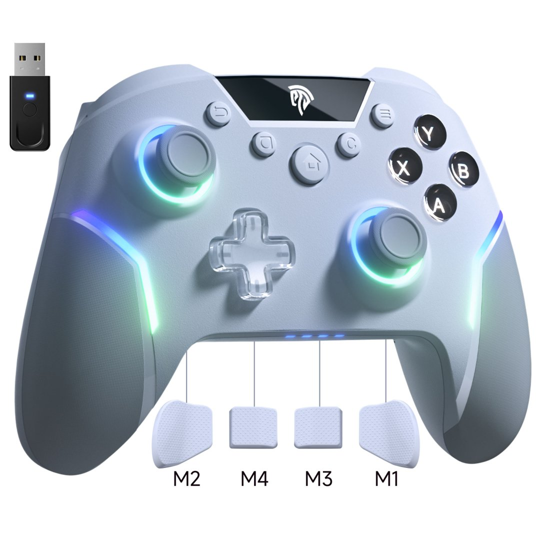 Biały kontroler gamingowy z podświetleniem RGB i adapterem USB.