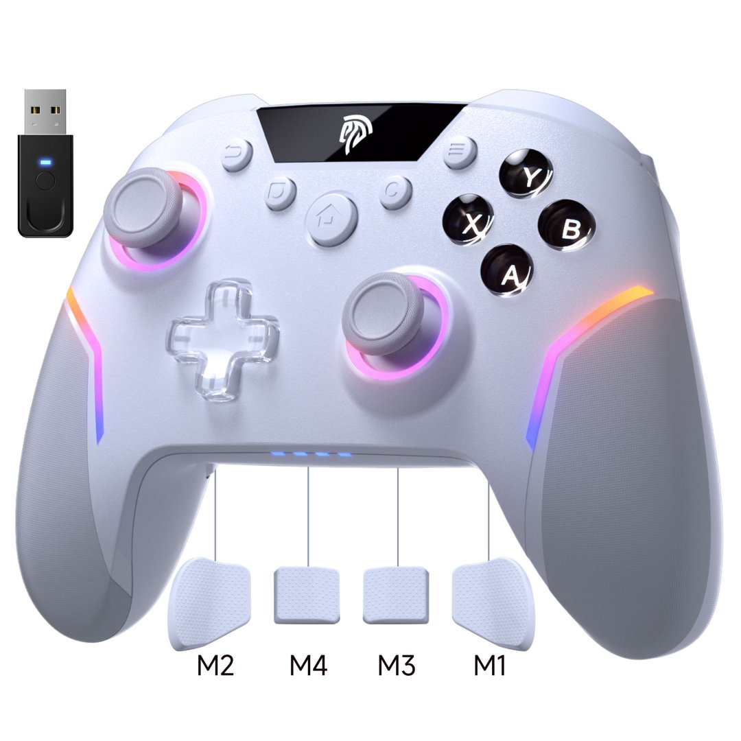 Biały kontroler do gier z podświetleniem RGB i adapterem USB.