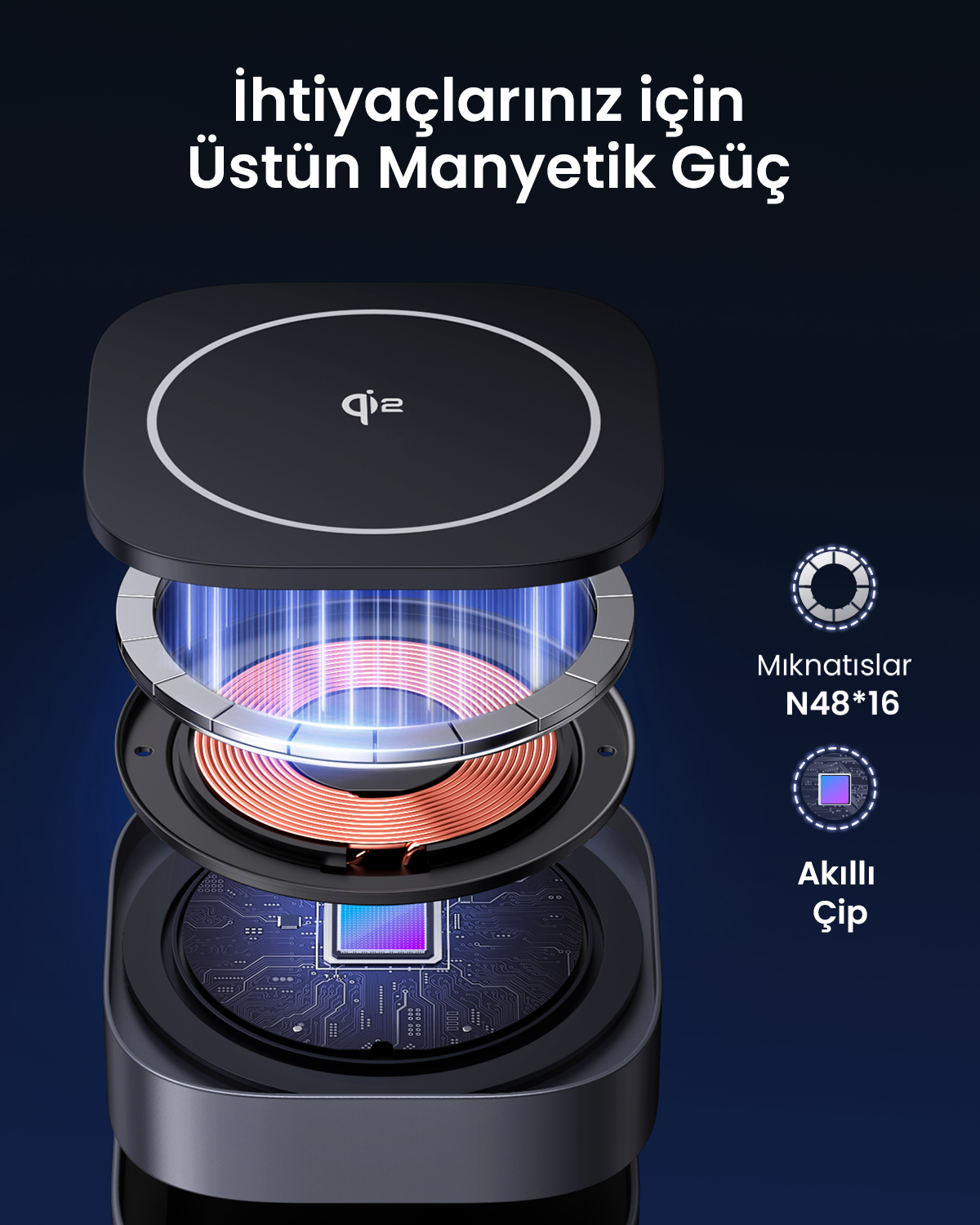 Bakır bobin ve çip gösteren siyah Qi şarj cihazının patlatılmış görünümü.