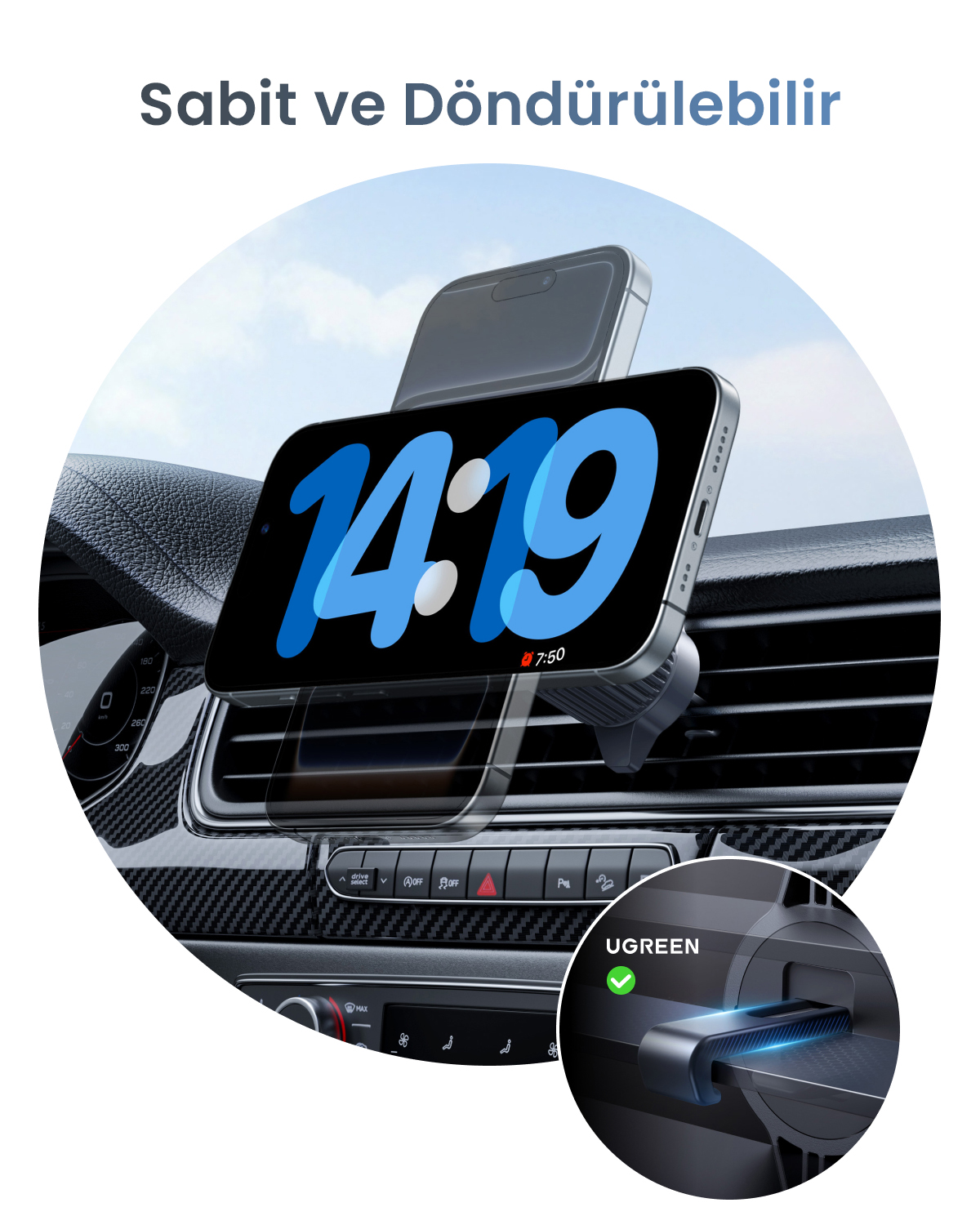 Bir araç tutucusundaki akıllı telefon 14:19 saatini gösteriyor.