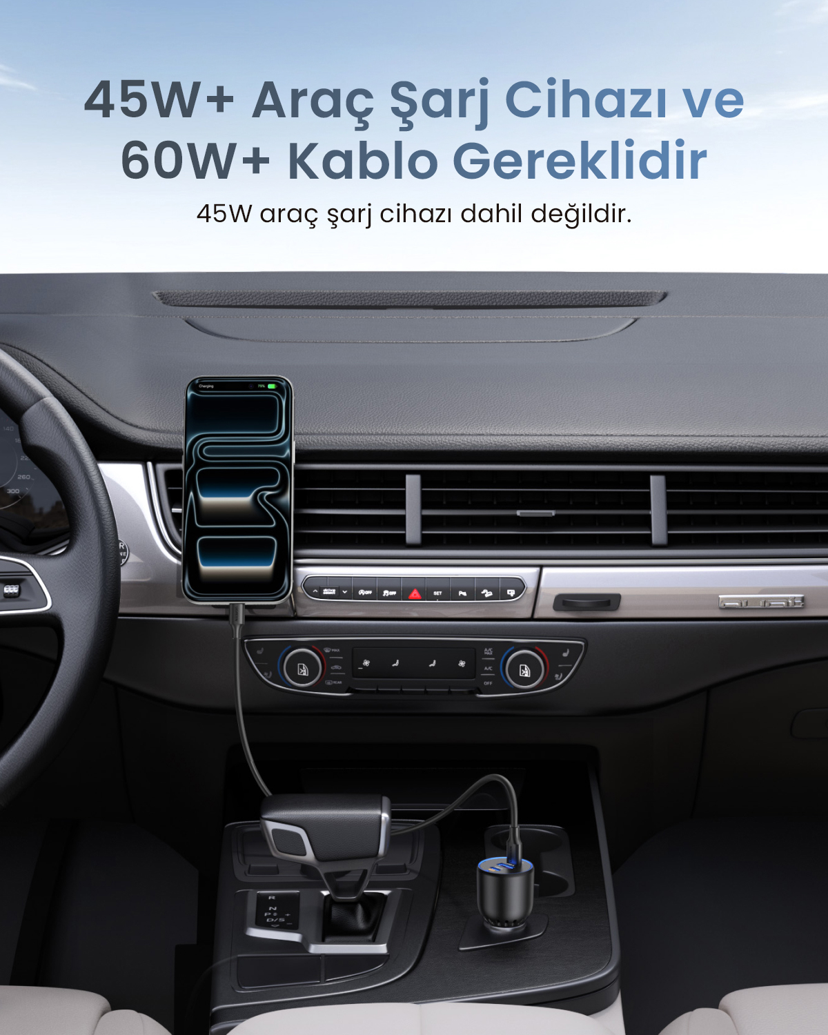 Bir akıllı telefon arabada şarj oluyor, bir şarja bağlı.