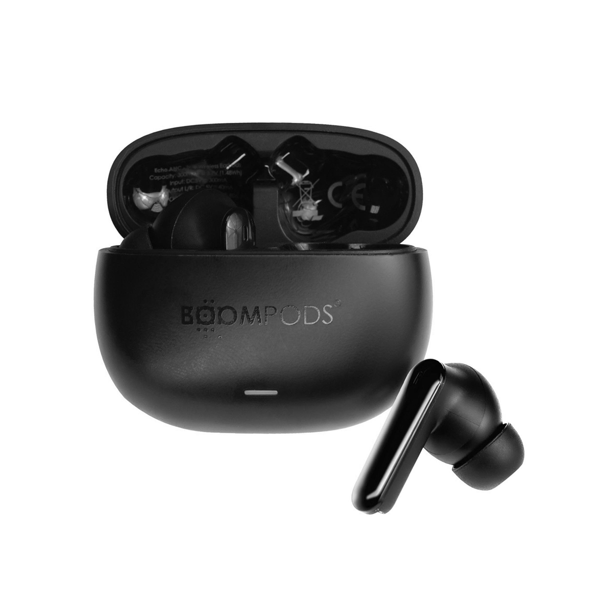 Auricolari wireless neri con custodia di ricarica aperta e un auricolare accanto.