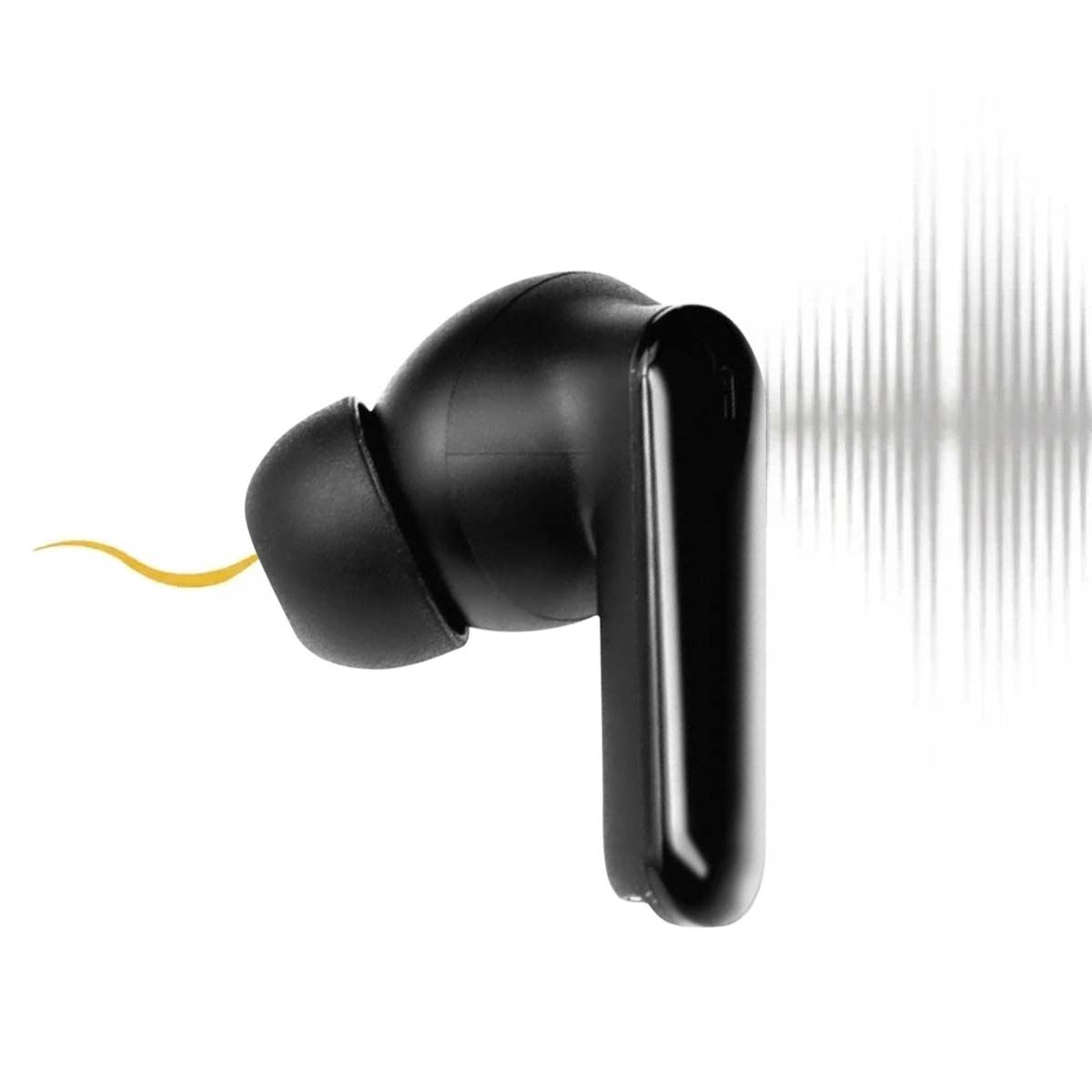 Auricolare nero con linea gialla e forma d'onda su sfondo bianco.