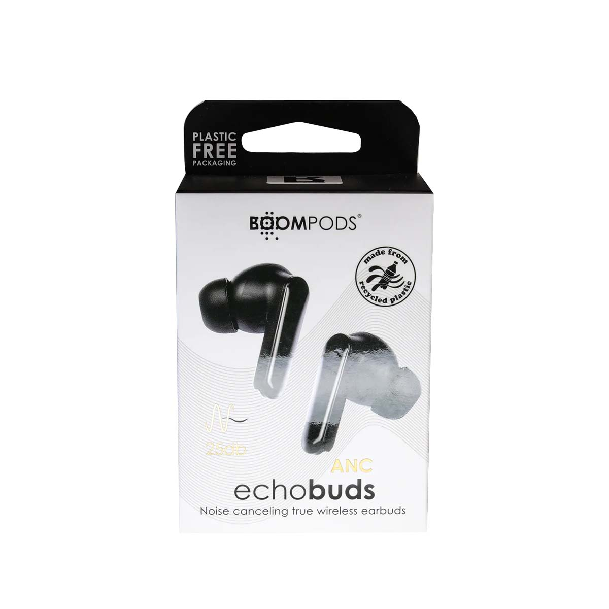 Confezione per Boompods Echobuds neri, in plastica riciclata.