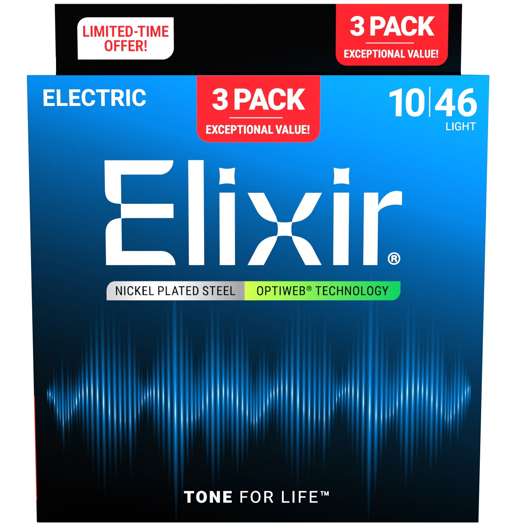 Elixir elektro gitar teli, 3'lü paket, hafif kalibre 10-46, nikel kaplama çelik.