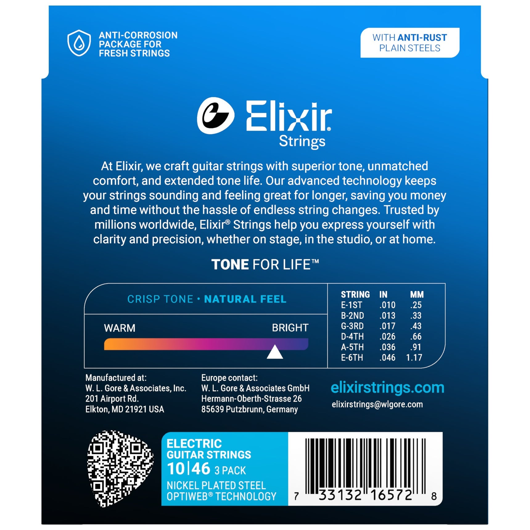 Elixir gitar teli ambalajı, logo, ton skalası ve tel özellikleri içerir.