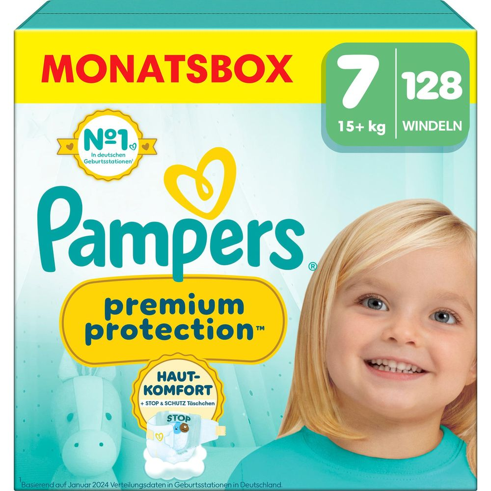 Pampers Windelpackung Größe 7, 128 Stück, für Babys ab 15 kg.