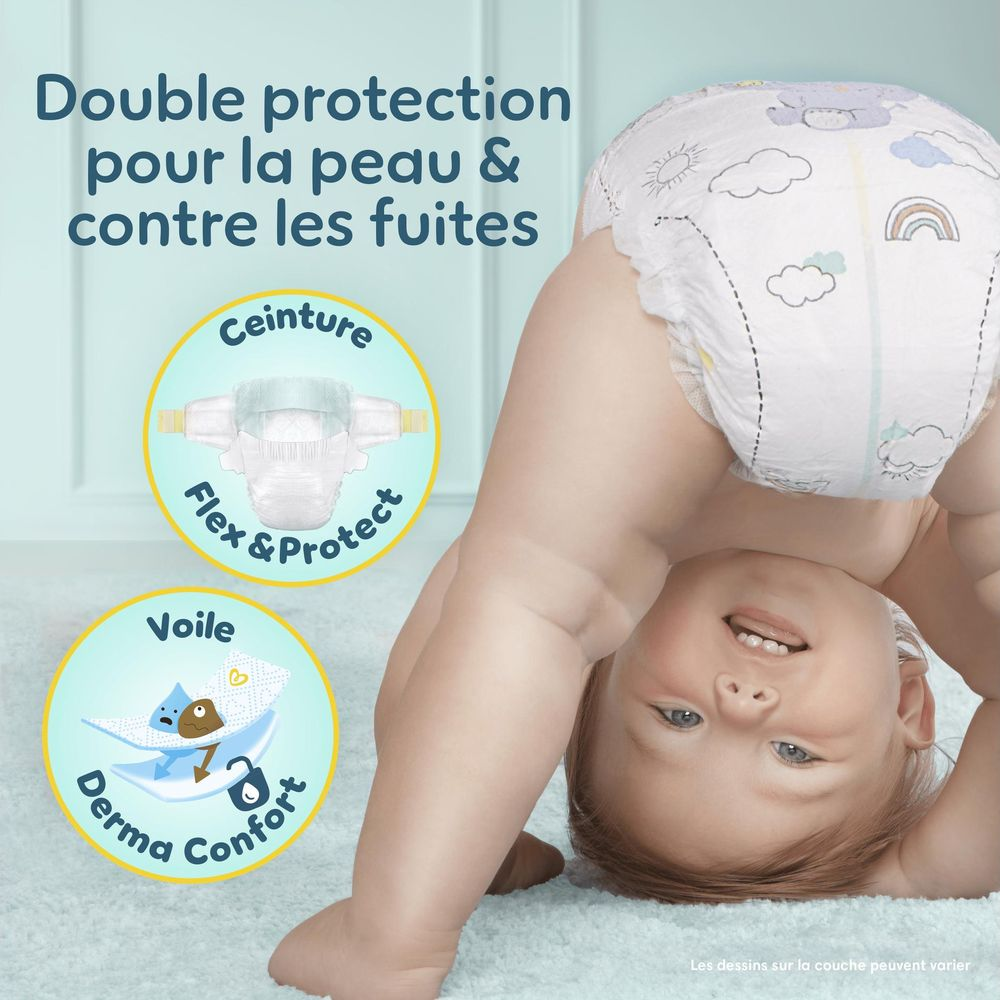 Baby in Windel, mit Grafiken von "Gürtel" und "Schleier" für Hautschutz.