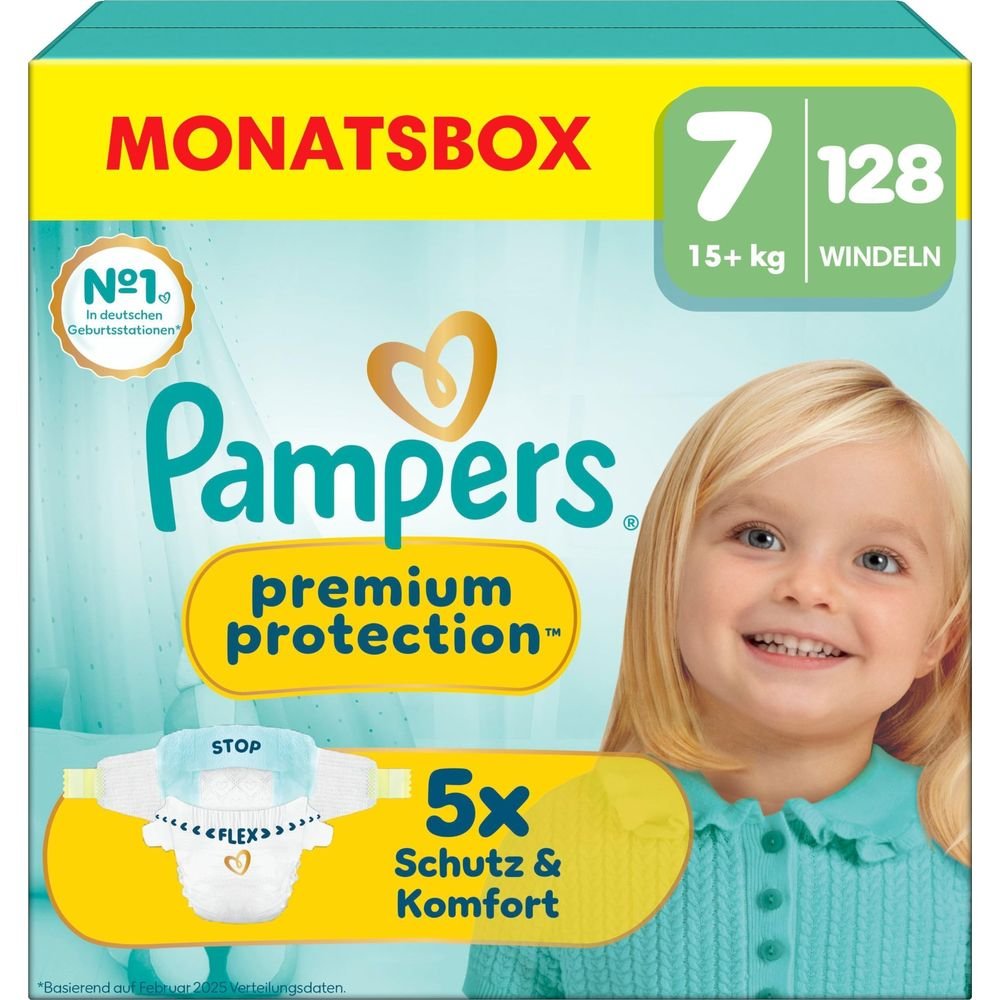 Pampers Windelbox Größe 7 mit 128 Stück, für Babys ab 15 kg.