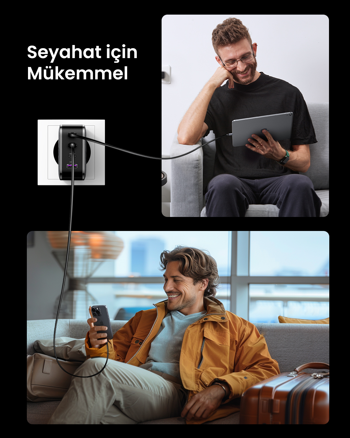 Tablet şarj eden adam, telefonlu ve bavullu adam.