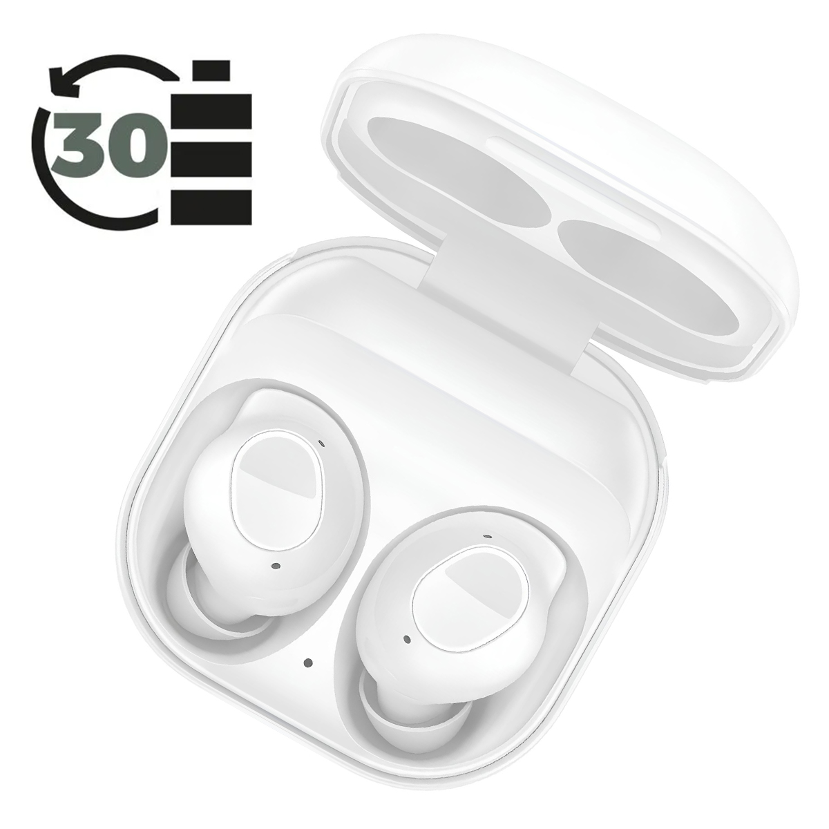 Weiße True Wireless Ohrhörer in geöffnetem Ladecase mit Ladeanzeige.
