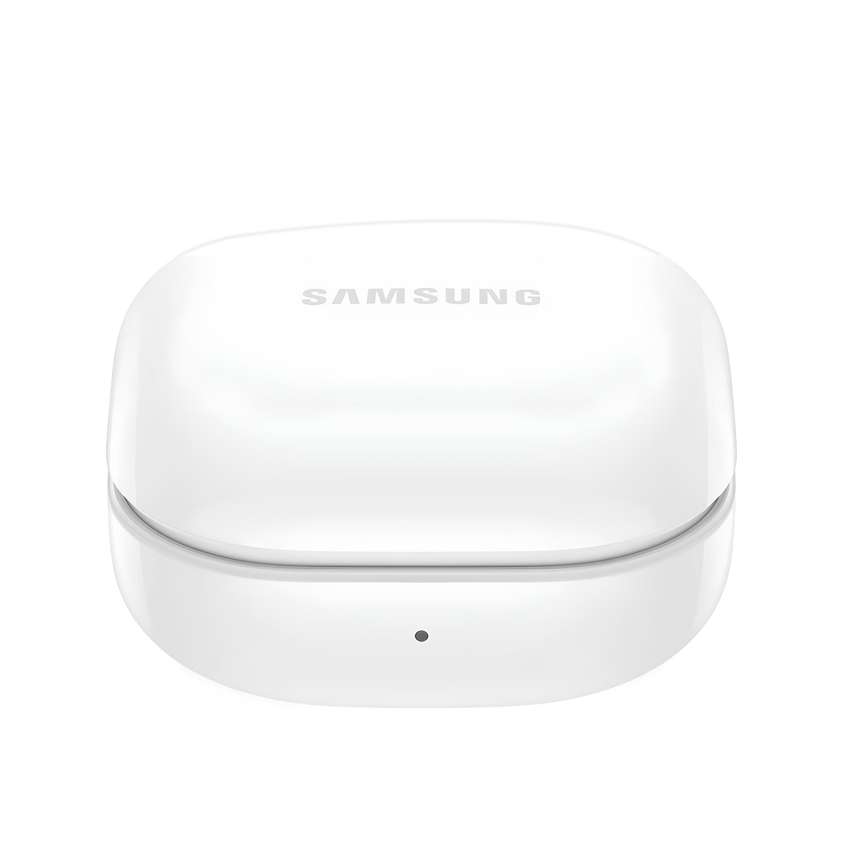 Weiße Samsung Ladehülle für Kopfhörer mit kleinem Punkt.
