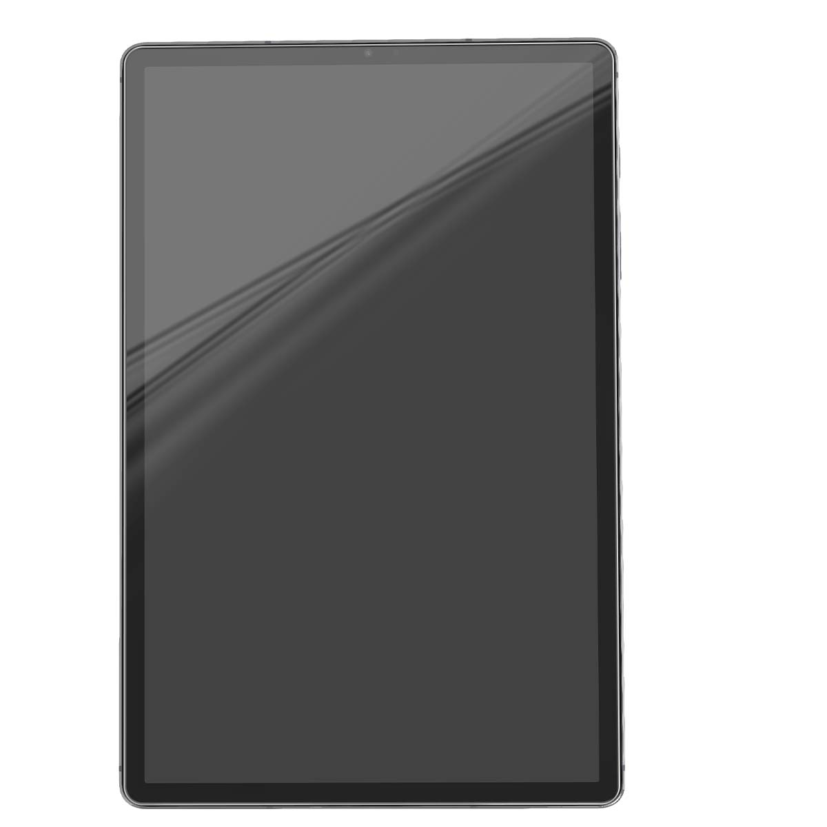 Un tablet scuro con schermo grande, su sfondo bianco.