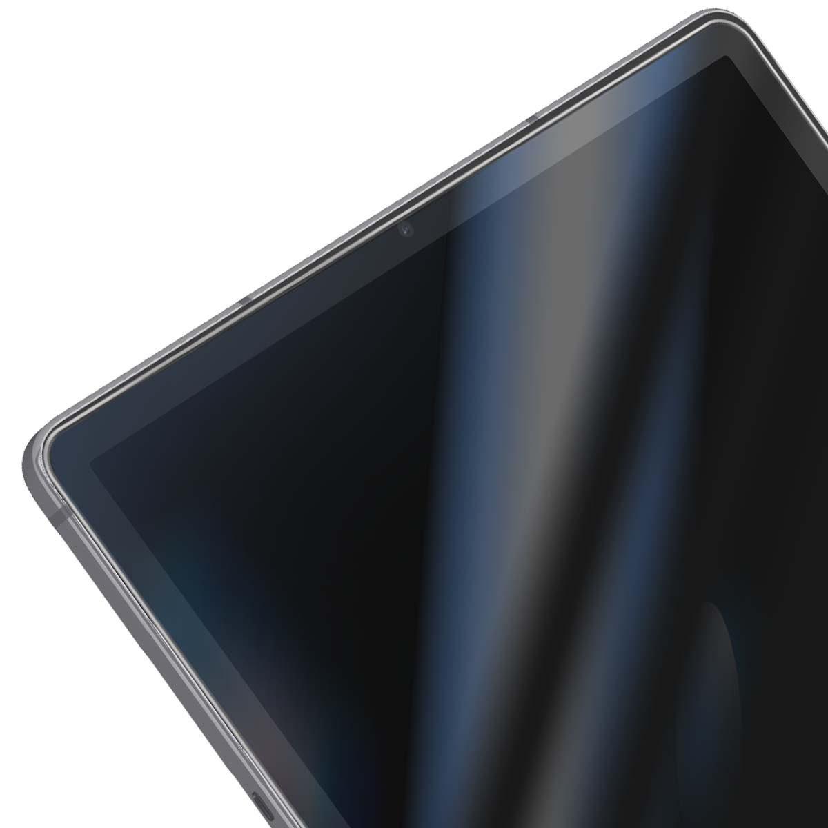 Primo piano di un tablet scuro con fotocamera e schermo riflettente.
