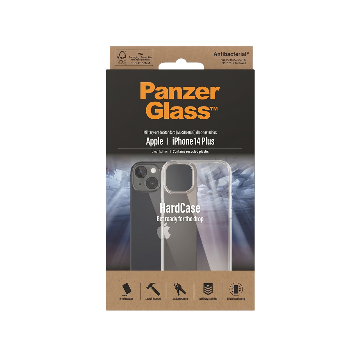 Confezione Panzer Glass per HardCase iPhone 14 Plus, mostra telefono e caratteristiche.