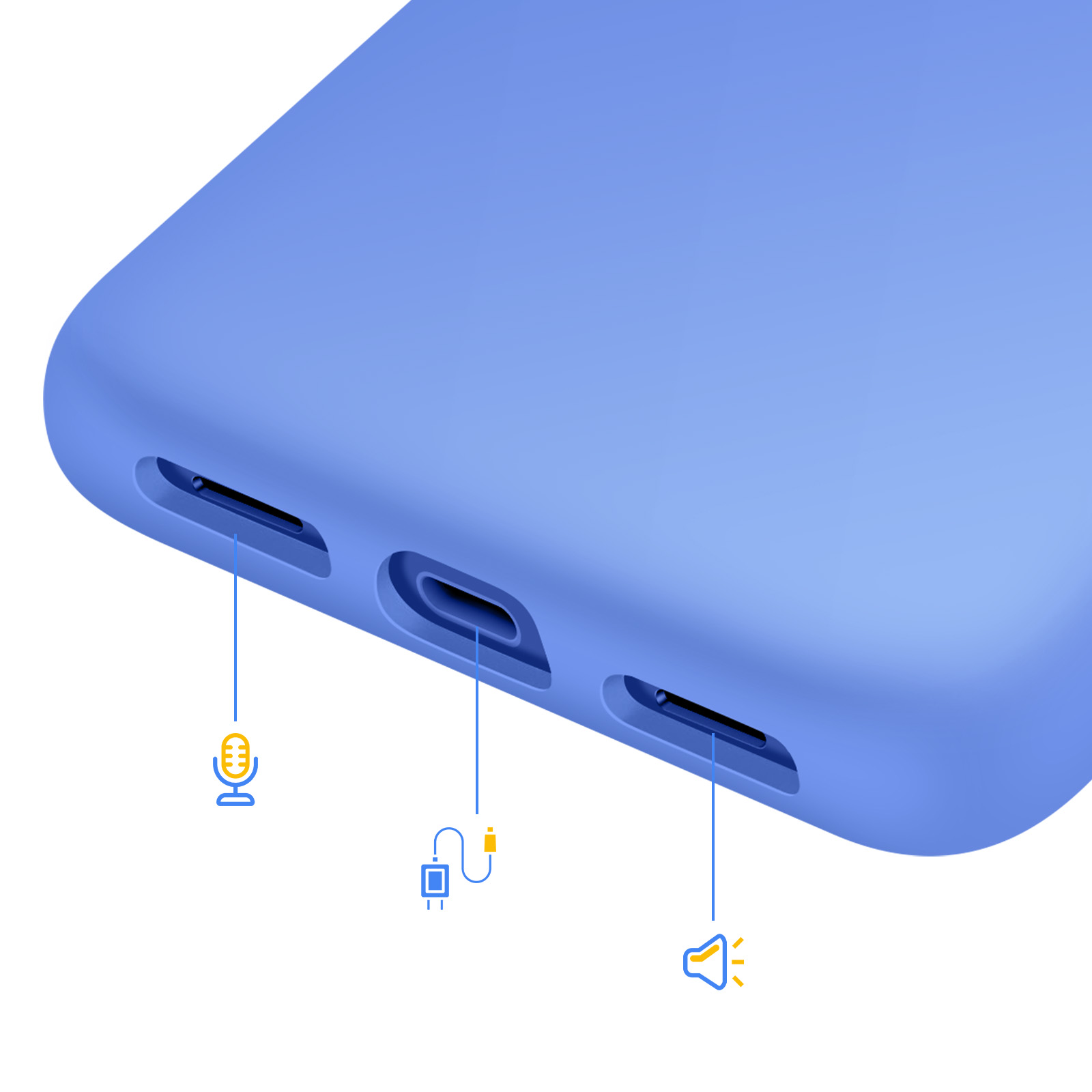 Uno smartphone viola mostra icone di porte per microfono, ricarica e altoparlante.