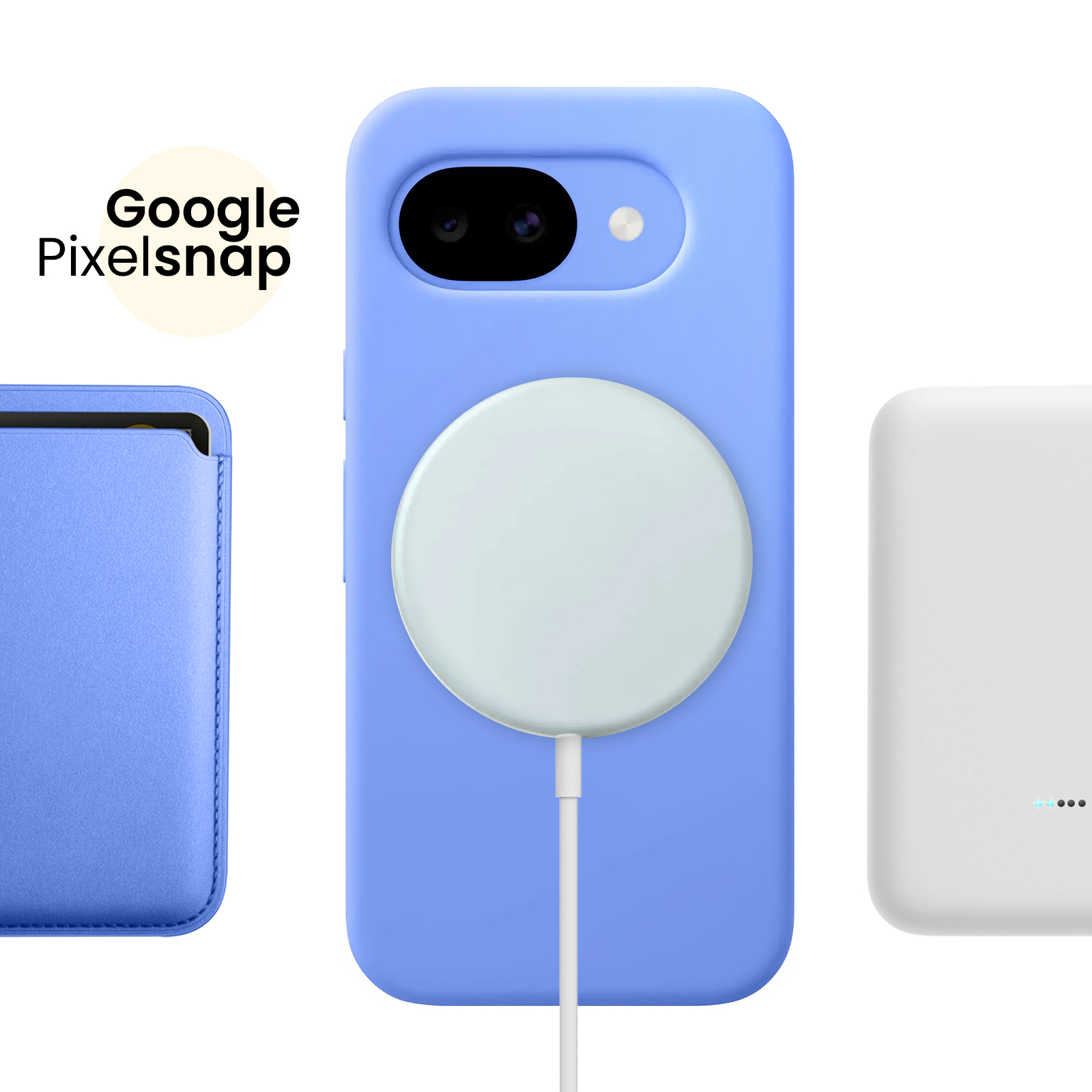 Logo Google Pixelsnap, custodia blu con caricabatterie, power bank bianca.